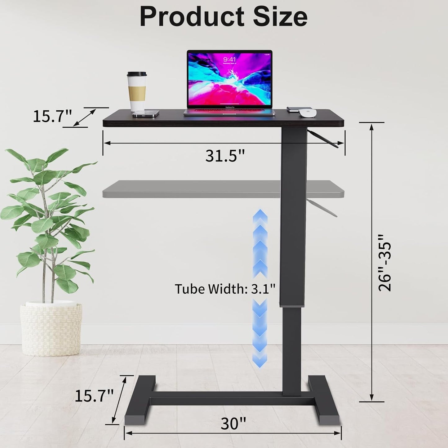 Erinaik Overbed Table with Adjustable Height & Swivel Wheels, Pneumatic Mobile Laptop Desk for Hospital Bed, Home Office, Study - Hidden Wheels, Stable Bedside Table