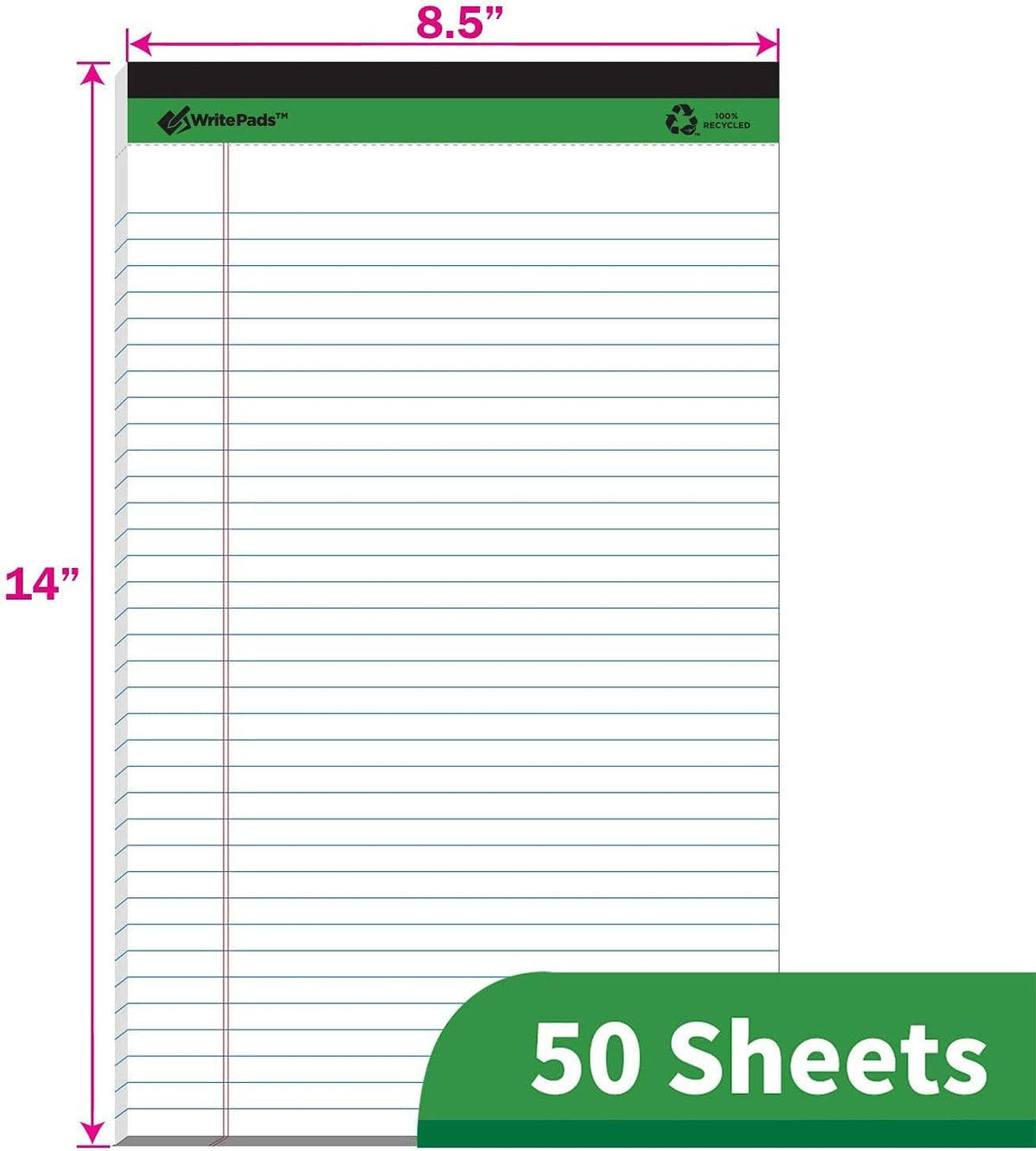 KAISA White Legal Pads Writing Pads Recycled Paper, 8.5"x14" Wide Ruled Lined Paper Perforated 50 sheets Hard Back Notepads Large Legal Pad Writing Tablet For Office Supplies (White 12pads)