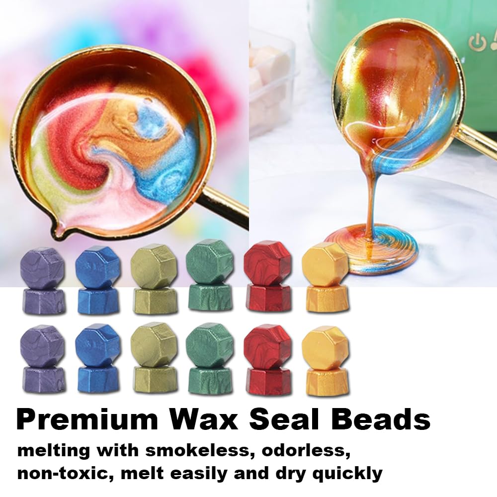 1200pcs Metallic and Green Wax Seal Beads,12 Assorted Metallic Color Sealing Wax Beads Ideal for Wax Seal Stamp Wedding Letter Envelope Decor Wine Bottle Wax Sealing (Metallic&Green)