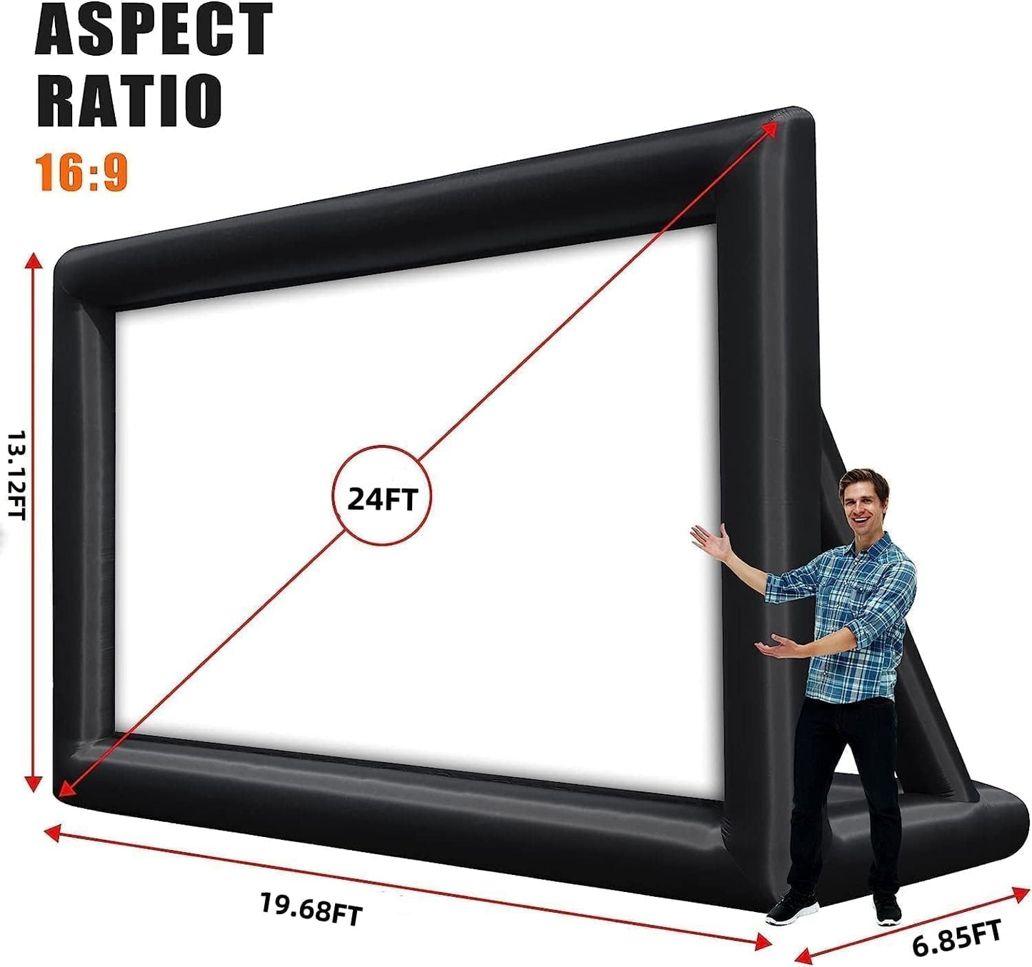 PioneerWorks Inflatable Projector Screen, 24FT Portable Blow Up Outside Projector Screen, Front & Rear Projection, with Rope, Air Blower, Ground Nails and Carry Bag, for Theater, Football, Backyard