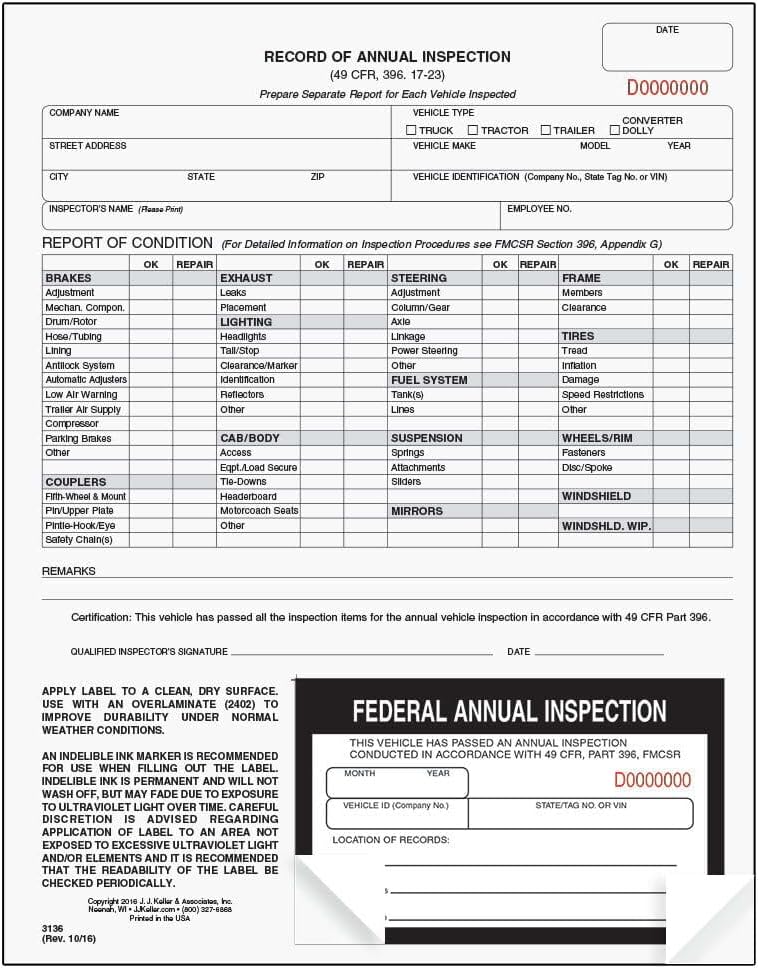 J. J. Keller 25-Pack, Record of Annual Inspection Form with Inspection Decal, 2-Ply Carbonless Form, DOT Compliant