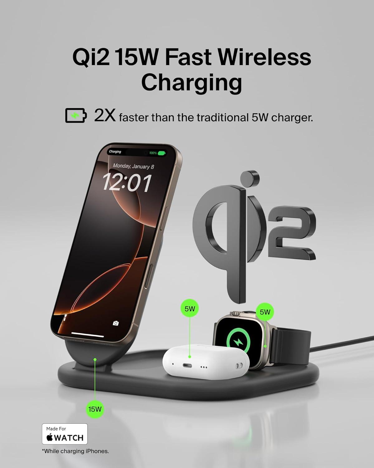 Belkin 3-in-1 MagSafe-Compatible iPhone Charger 15W, Foldable Magnetic Qi2-Certified Wireless Charging Station for iPhone 17, Apple Watch Series 10, AirPods 4, Pixel 10, w/Non-Slip Base & PSU - Black