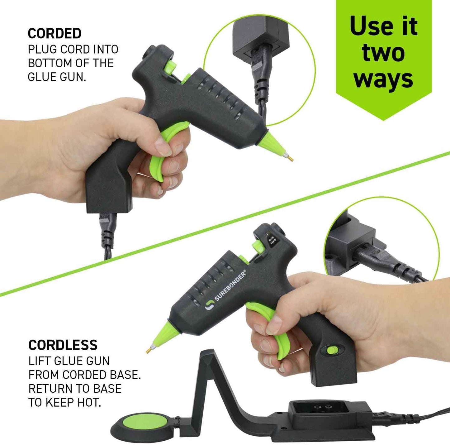 Surebonder Cordless/Corded High-Temperature Mini Hot Glue Gun with Fine Tip for Detailed Crafting and DIY Projects, 20 Watts (CL-195F)