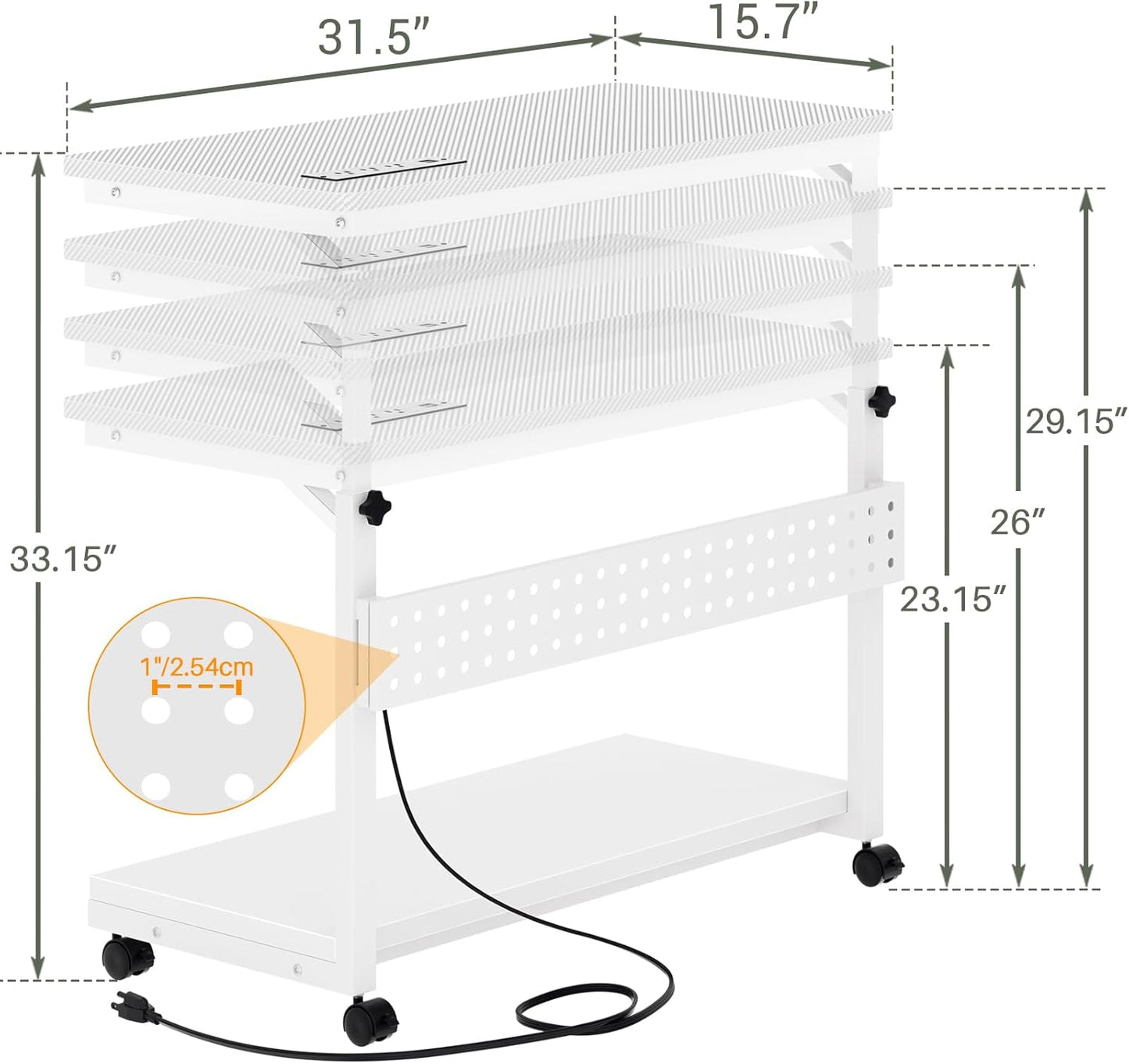32" Large Computer Tower Stand with Power Strips, 4 Levels Manual Height Adjustable PC Tower Stand for Under Desk, Mobile Rolling CPU Holder Computer Cart with Wheels, Carbon Fiber White