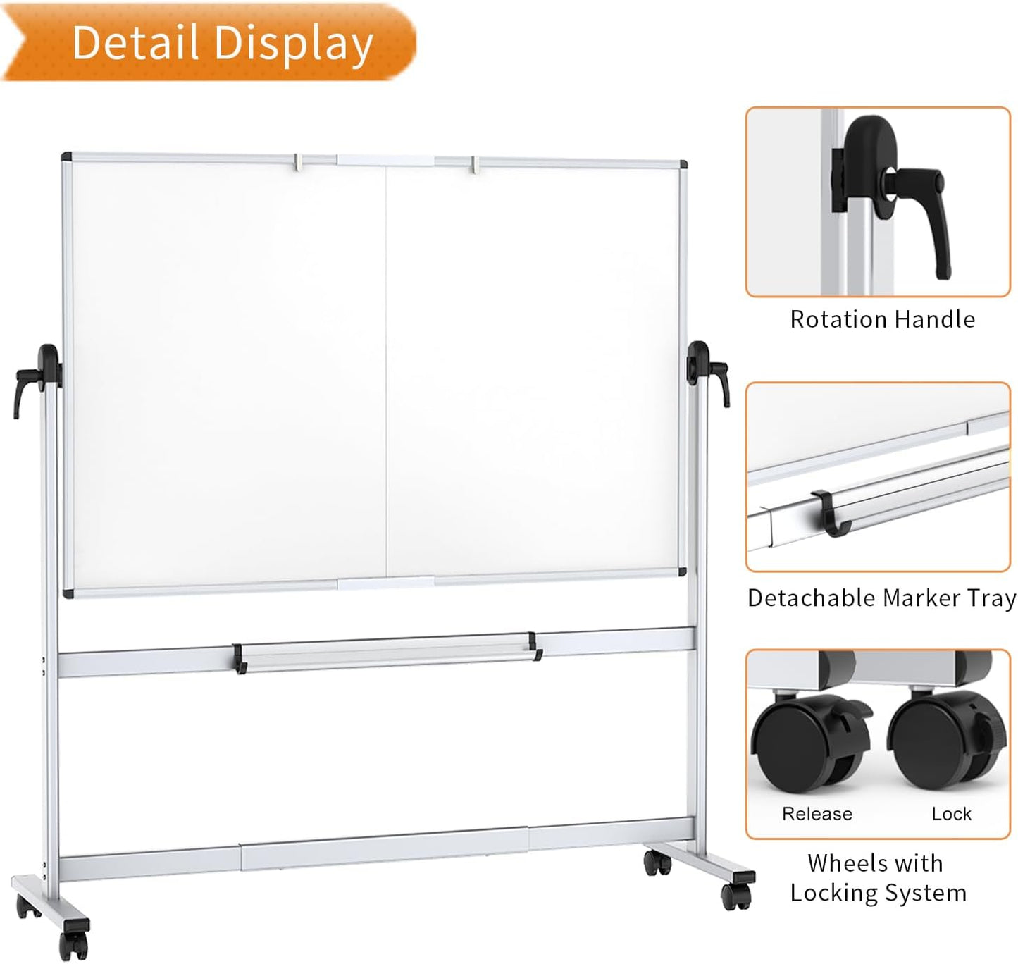 VIZ-PRO Double-Sided Mobile Whiteboard, 60 x 48 Inches, Magnetic Rolling Dry Erase White Board on Wheels with Aluminium Frame and Stand 5' x 4'