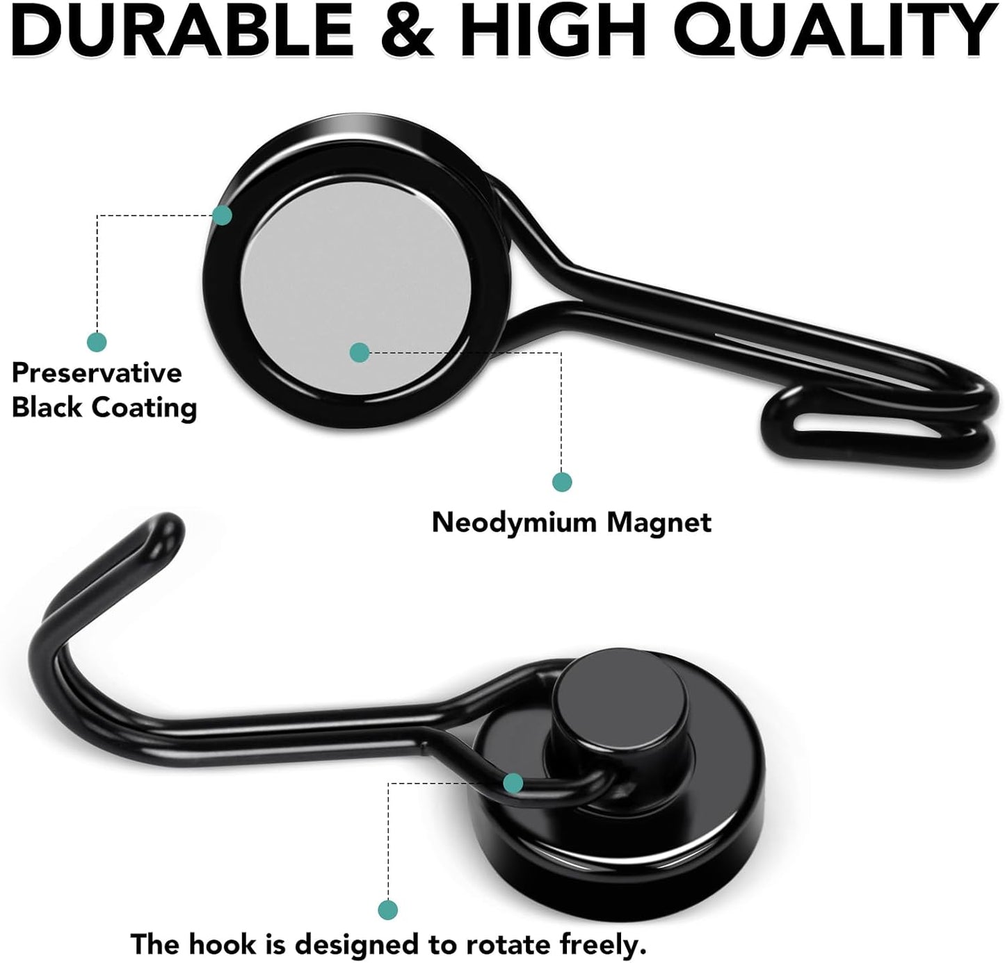 MIKEDE Magnetic Hooks, 40Lbs Heavy Duty Neodymium Magnet Hooks Black Magnets with Swivel Hooks for Hanging, Rust Proof Strong Magnets Hook, Magnetic Metal Hanger for Fridge, Storage, 6 Pack