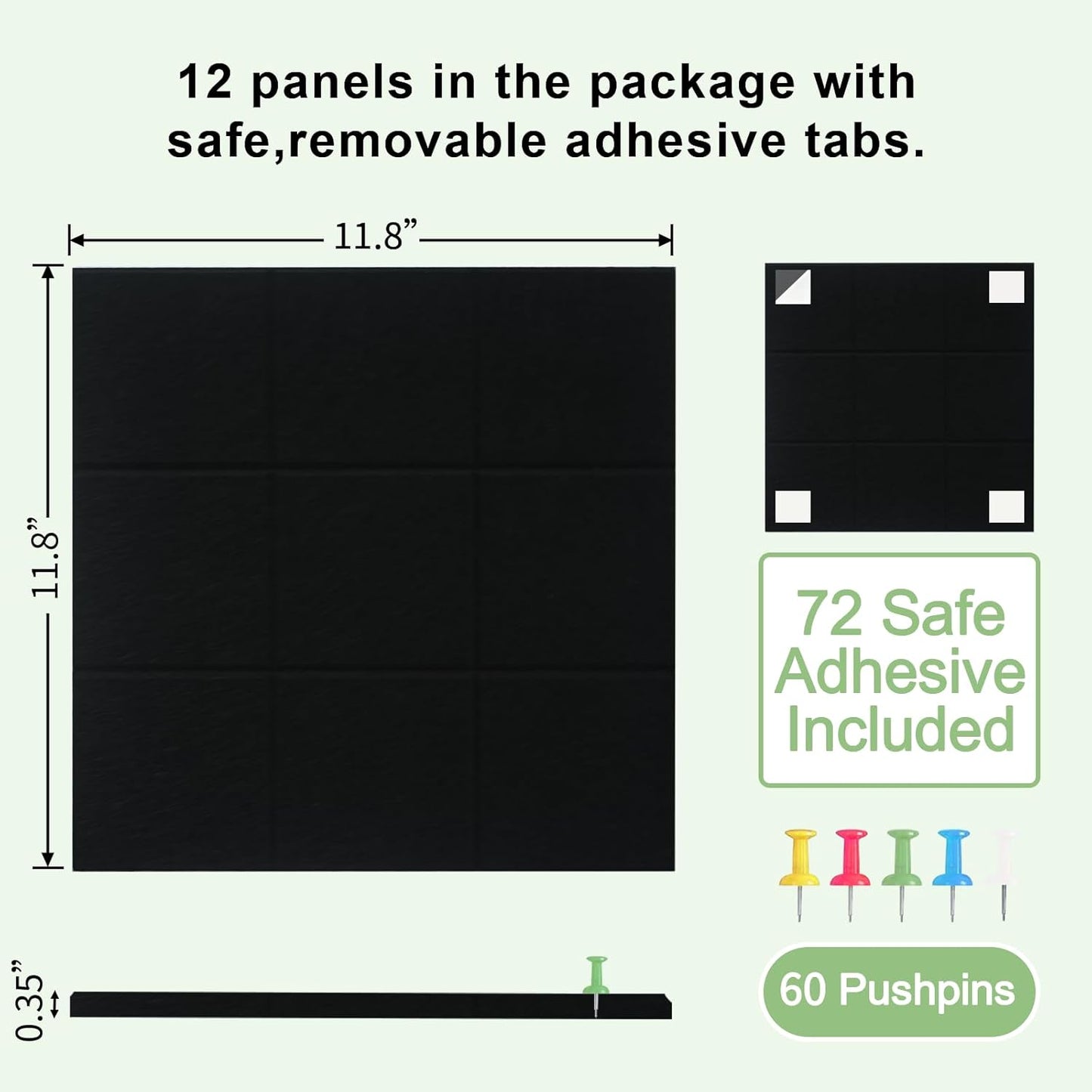 12 Pack Large Cork Board for Walls, 48" X 36" Felt Bulletin Board Tiles with 48 Safe Removable Adhesive Tabs & 60 Push Pins Board Decorative Cork Board Tack Board Wall Organizer for Office - Black