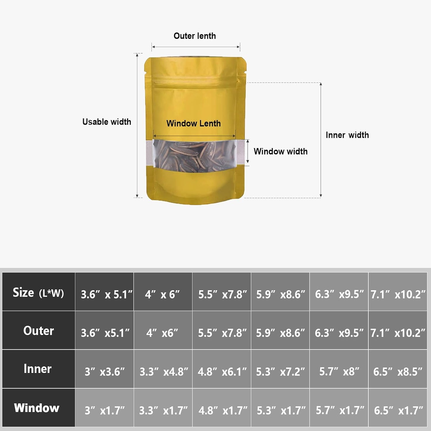 5.9"x8.6" 120pcs Mylar Bags for Food Storage,Smell Proof Bag with Matte Window Resealable Food Storage Bags for Small Business, Stand-up Foil Pouch Packaging Freeze Dried Candy Bag(Gold)