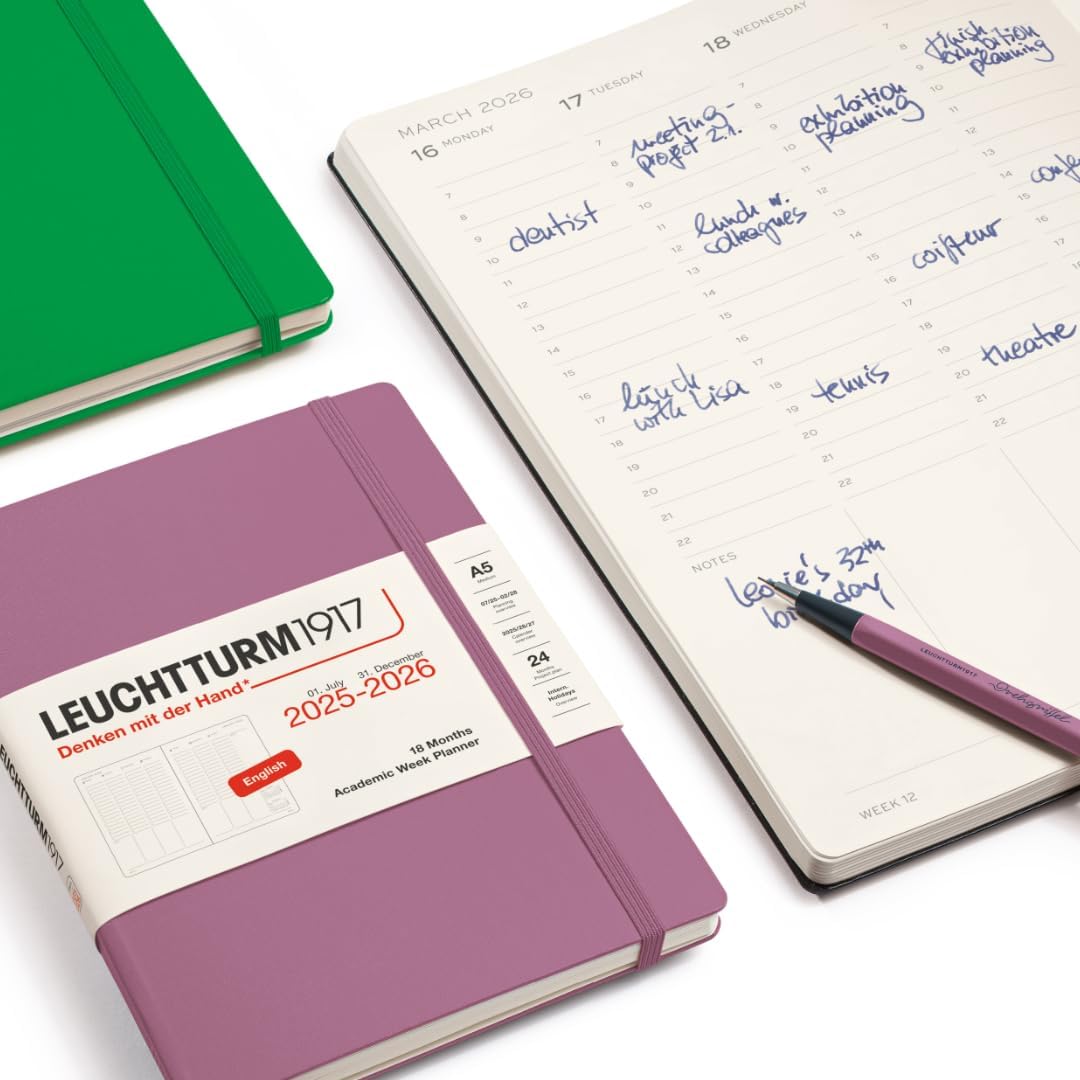 LEUCHTTURM1917 - Academic Week Planner Hardcover Medium (A5), 18-month, Jul. 2025 - Dec. 2026, English, Dusty Rose