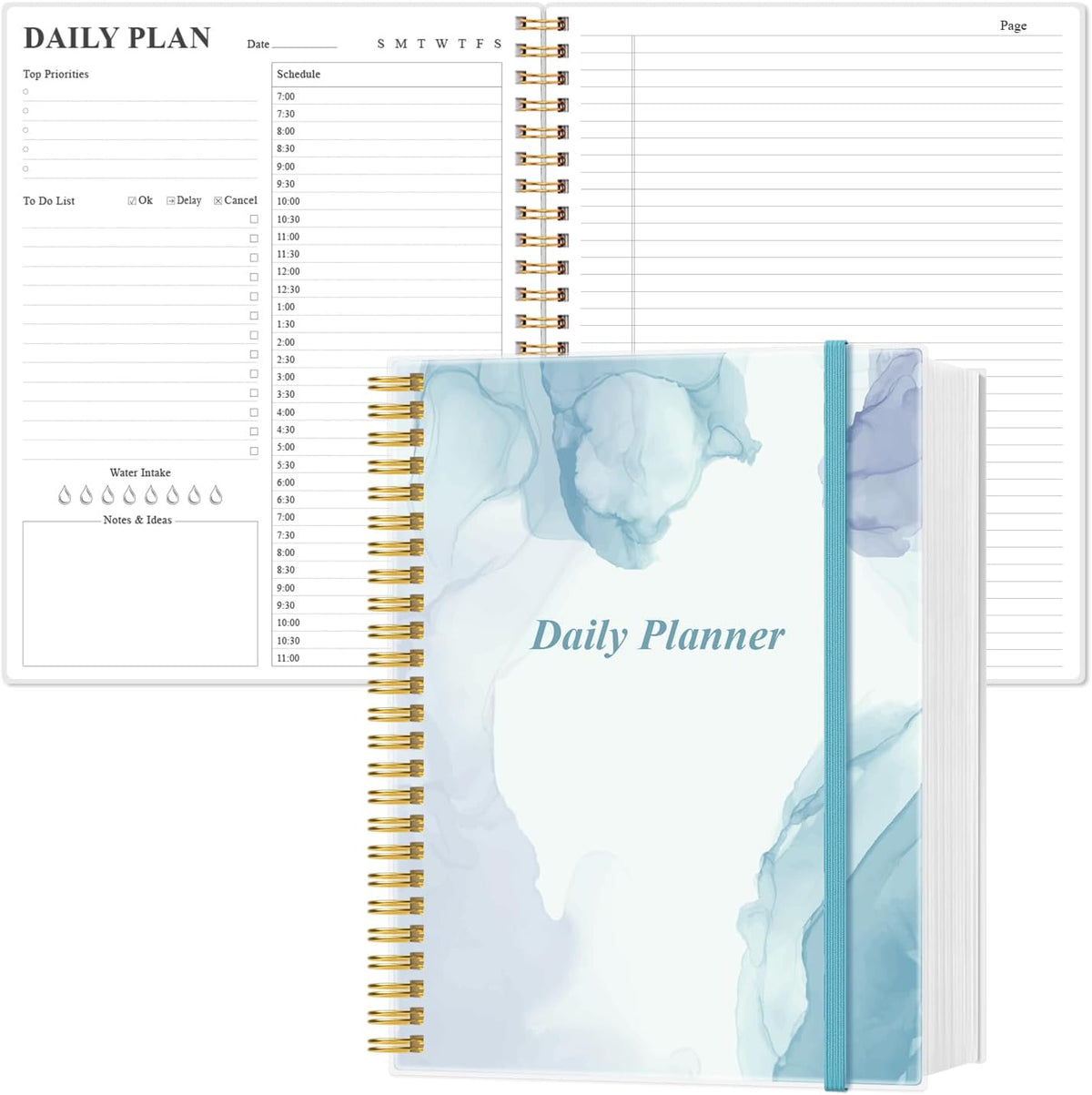 Daily Planner Undated - 8.5" x 11" To Do List Notebook Hourly Schedules, 150 Sheets/300 Pages Spiral Appointment Planner for Women and Men ,PVC Hardcover, Inner Pocket, Elastic Closure, Blue