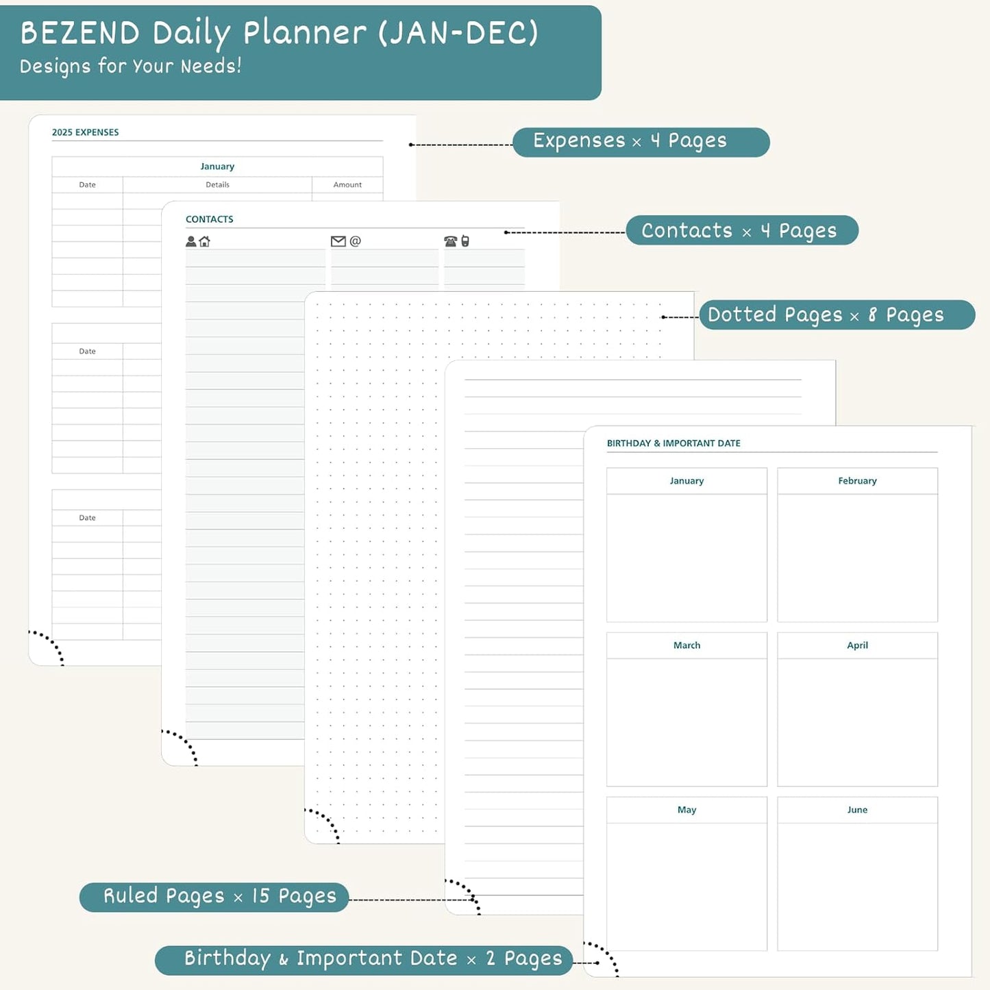 BEZEND Daily Planner 2026 (6" x 8.5") Full Page per Day Even Weekend (Jan-Dec) Monthly Calendar with Tabs, 2 Columns for Dual Schedule with Note, Vegan Leather Hardcover in Fruit Green