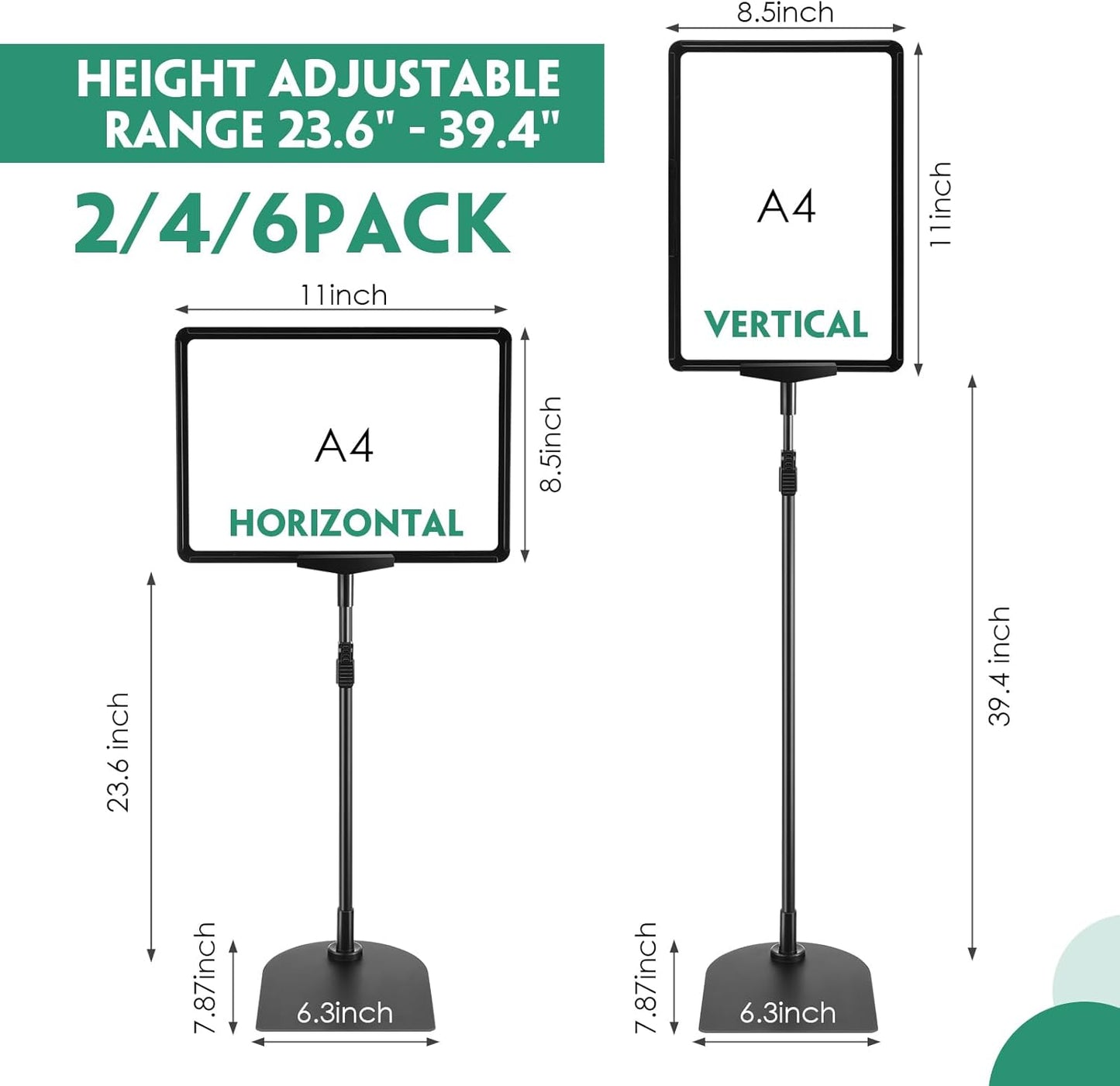 Jutom 6 Pack Adjustable Pedestal Stand Holder 8.5 x 11 Inch Heavy Duty Aluminum Sign Holder Vertical and Horizontal Sign Poster Stands Floor Standing Display for Advertisement Menu Display(Black)