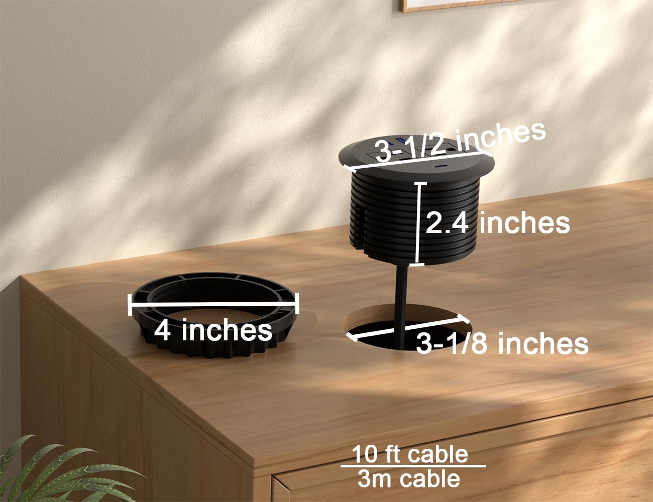 3 Inch Power Grommet,10ft Cord,20W USB C Fast Charging Station,3 USB Ports,Flush Mount.Round Recessed Power Center Desk Hole Grommet Outlet for Workspace,Couch,Black