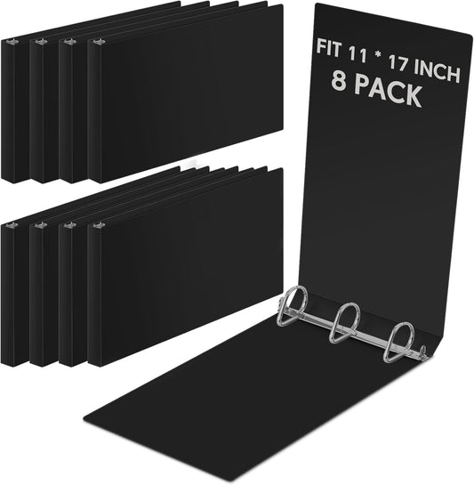 8 Pcs 11 x 17 Inch 3 Ring Binders 2 Inch Rings Heavy Duty View D Ring Binders Economy Holds 11" x 17" Paper for Artwork Blueprints, Office, Home, Work Places(Black)