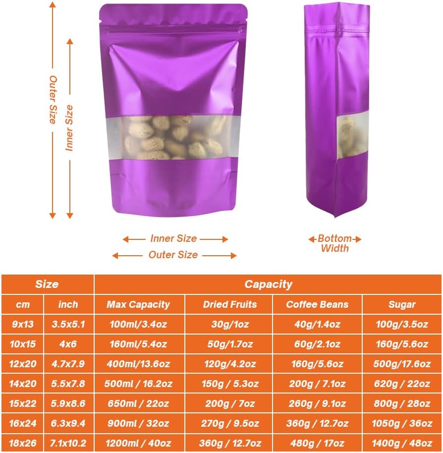 4CP 100 Pcs Purple Zipper Smell Proof Bags with Window, 6.3x9.5 Inch Stand Up Foil Pouches for Food Selfsealing Storage, Reusable Bag for Packaging Small Business, Cookies, Nunt, Candy