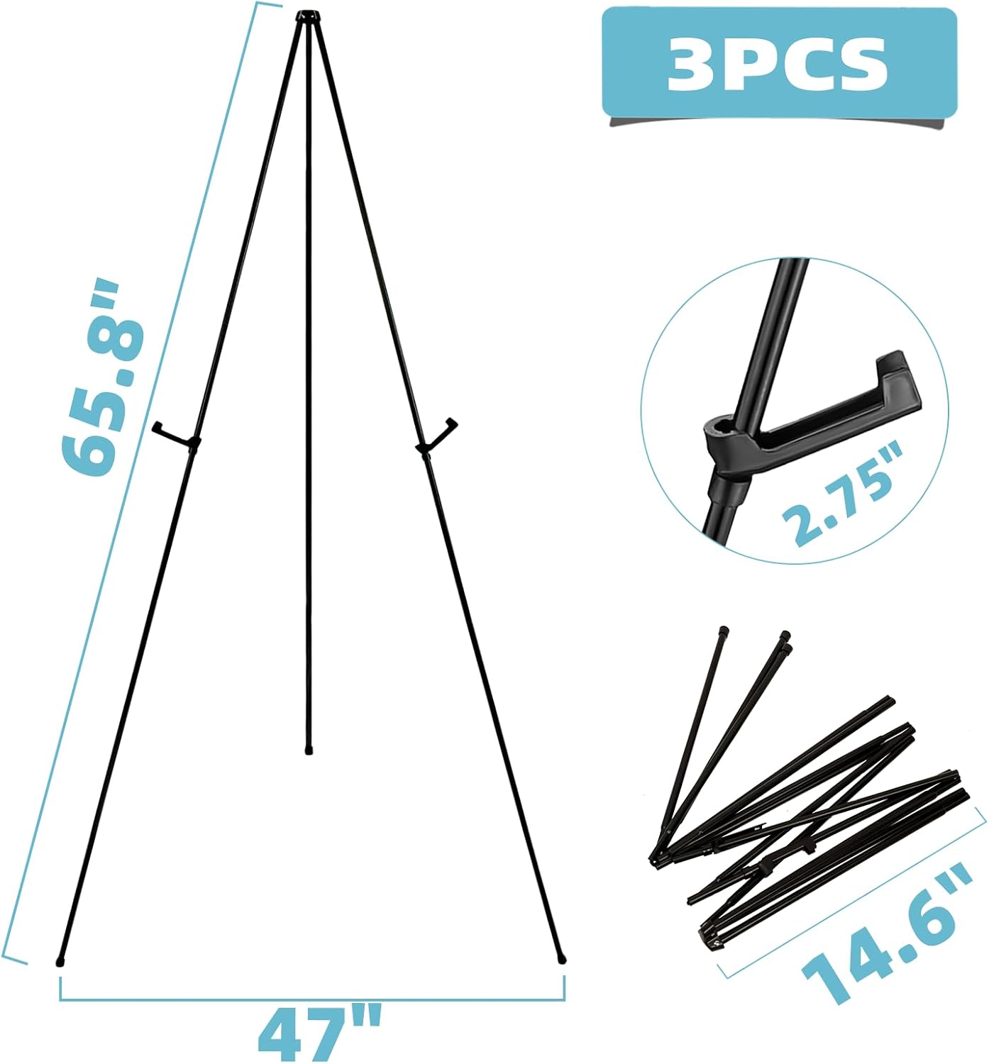 3PCS Black Easel Stand for Wedding Sign Stand, 66 Inch Lightweight Adjustable Art Easel for Display, Wedding Sign, Poster, Black Metal Easel with Portable Bags