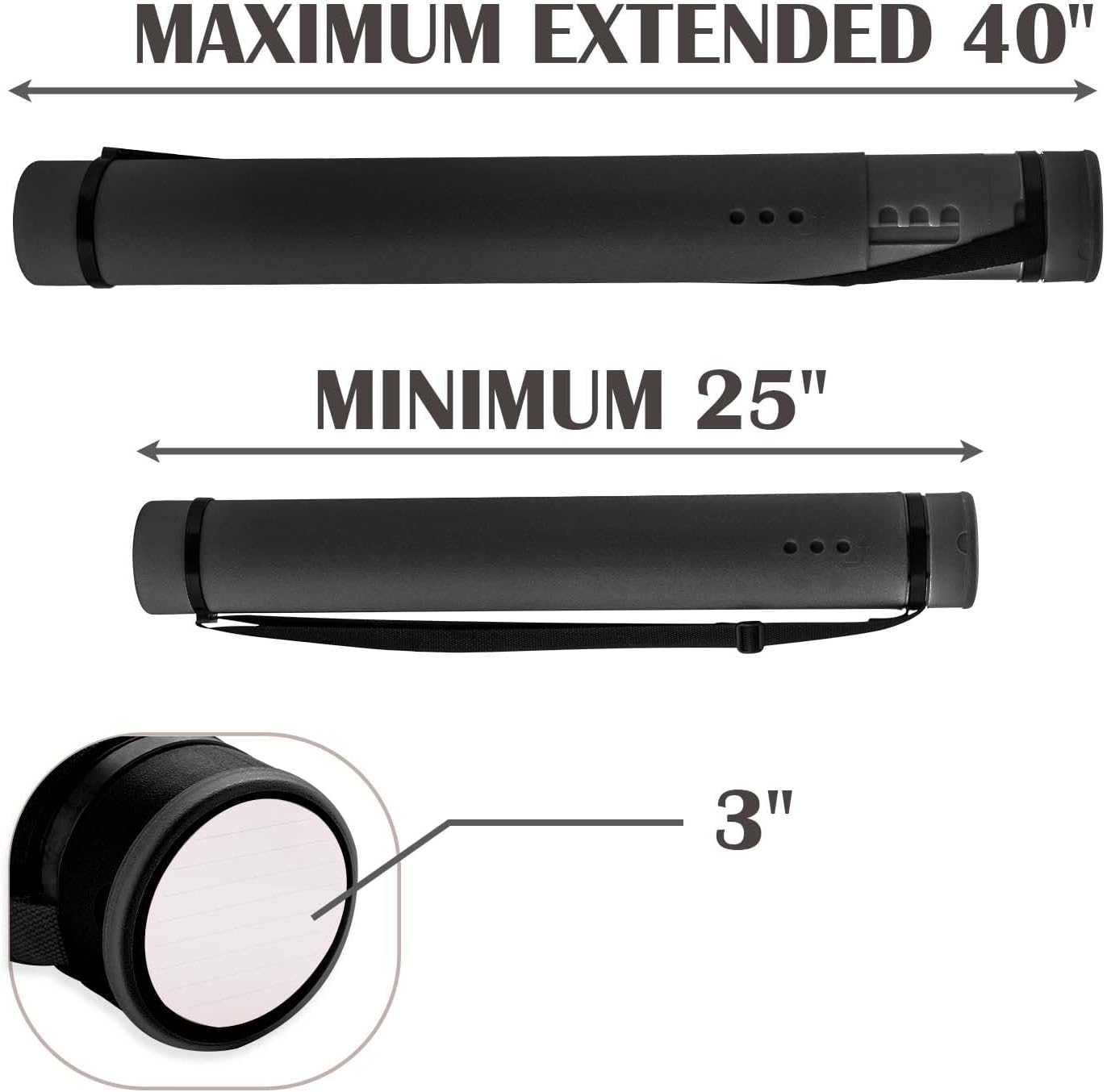 JJRING Black Poster Tube, 25" to 40" Extendable Poster Storage Holder Tube with Carrying Strap, Poster Carrying Case for Blueprints, Scrolls, Maps and Architect Papers