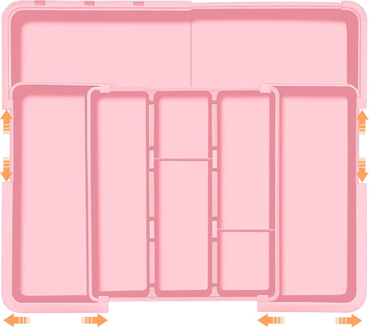 Large Utensil Drawer Organizer Expandable Silverware Organizer for Kitchen Drawer Adjustable Cooking Utensil Holder Cutlery Flatware Tray Spatula Tools Gadgets Storage Dividers Plastic Pink