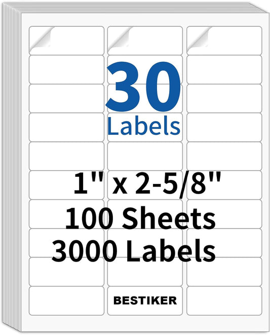 [100 Sheets 3000 Labels] BESTIKER Address Labels 1” x 2-5/8” Shipping Mailing Labels 30 per Page Printable FBA Barcode Label, Laser & Inkjet Printer Labels 30up White