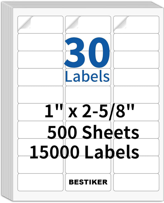 [500 Sheets 15000 Labels] BESTIKER Address Labels 1” x 2-5/8” Shipping Mailing Labels 30 per Page Printable FBA Barcode Label, Laser & Inkjet Printer Labels 30up White