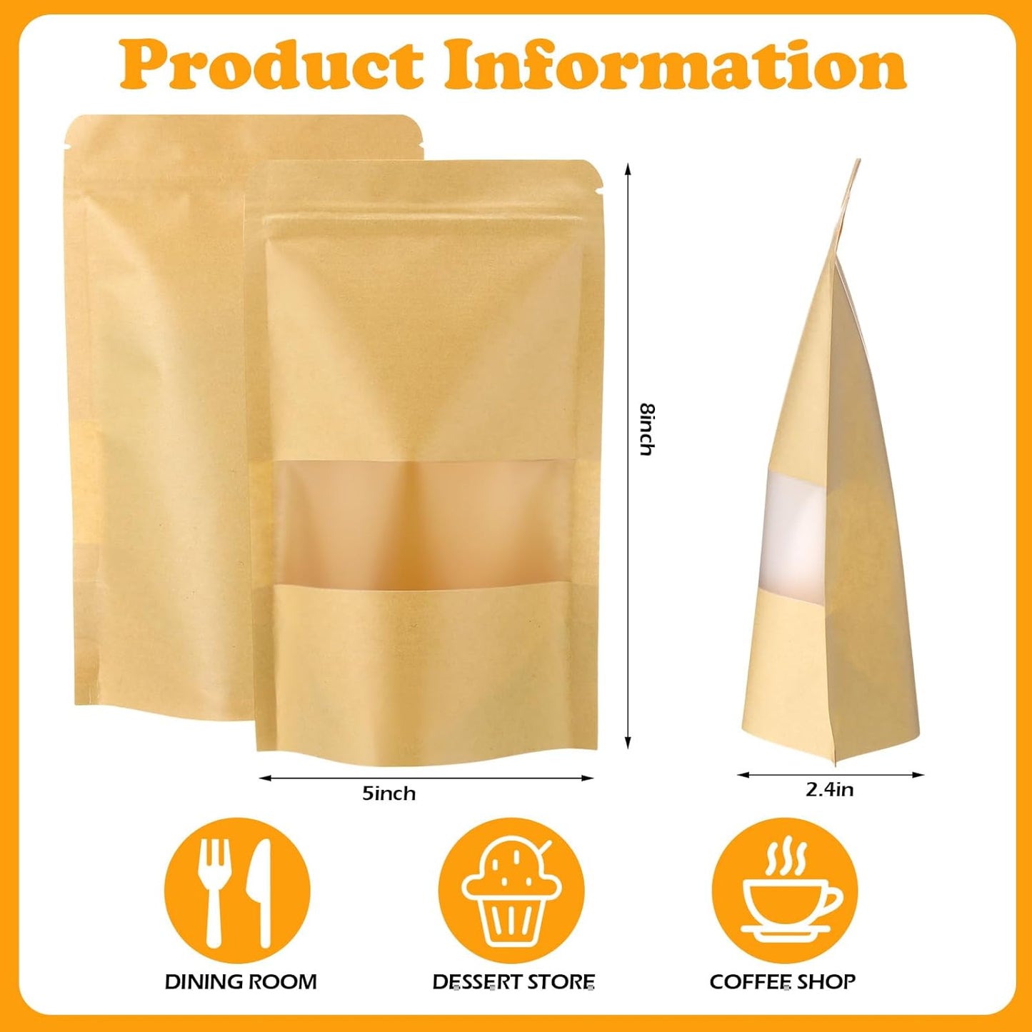 Geosar 450 Pcs Kraft Bags with Window 5 x 8 Inch Stand Up Kraft Pouches Bulk Zipper Paper Pouches Food Storage Reusable Heat Sealable Bags for Packaging Home Office Business