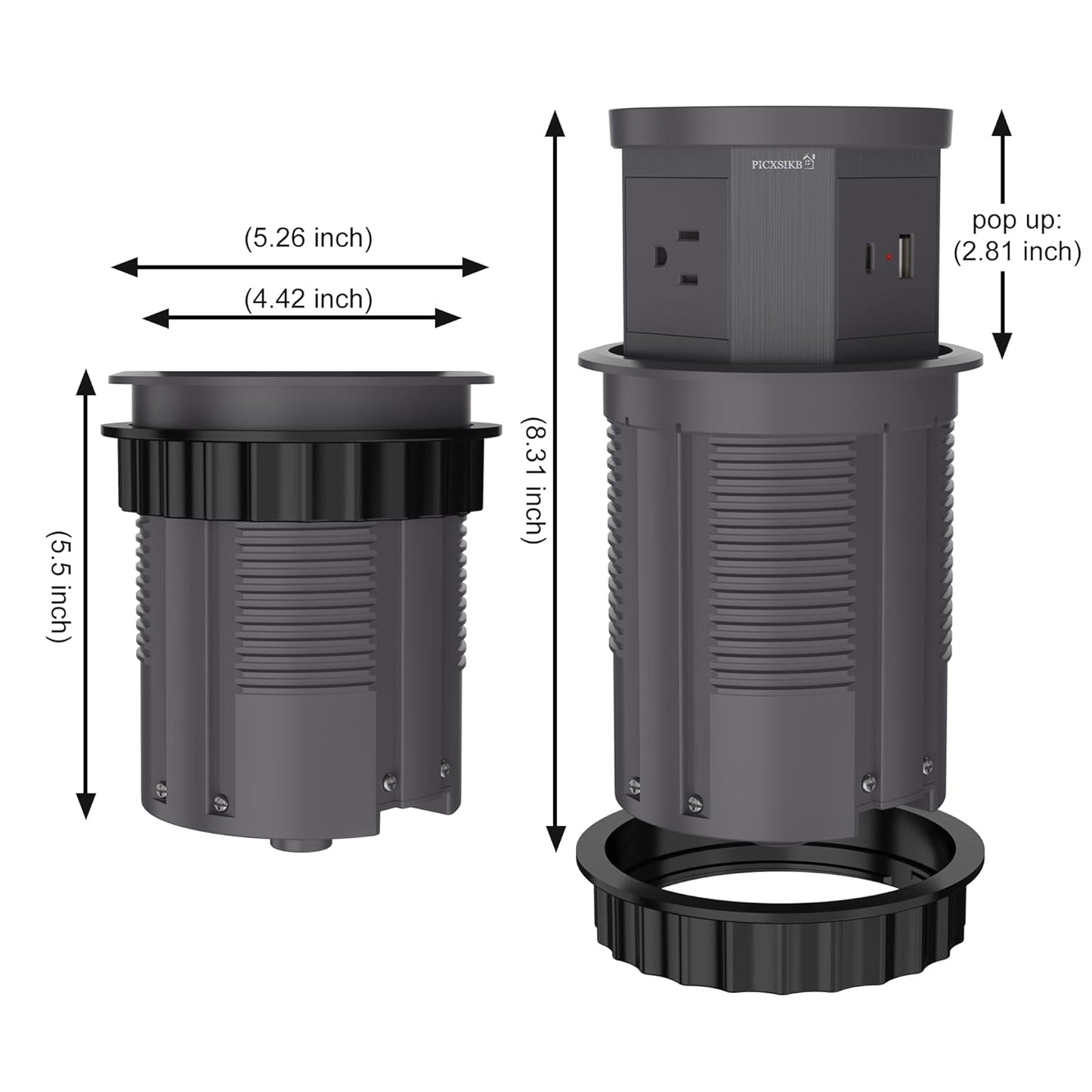 Pop Up Outlet for Countertop - 4.33-inch Automatic Pop Up Hidden Outlet - Round Electrical Outlet with 15W Wireless Charger, 1 USB-A, 1 USB-C & 3AC Plug - 5 FT Cord for Home, Office, Kitchen (Grey)