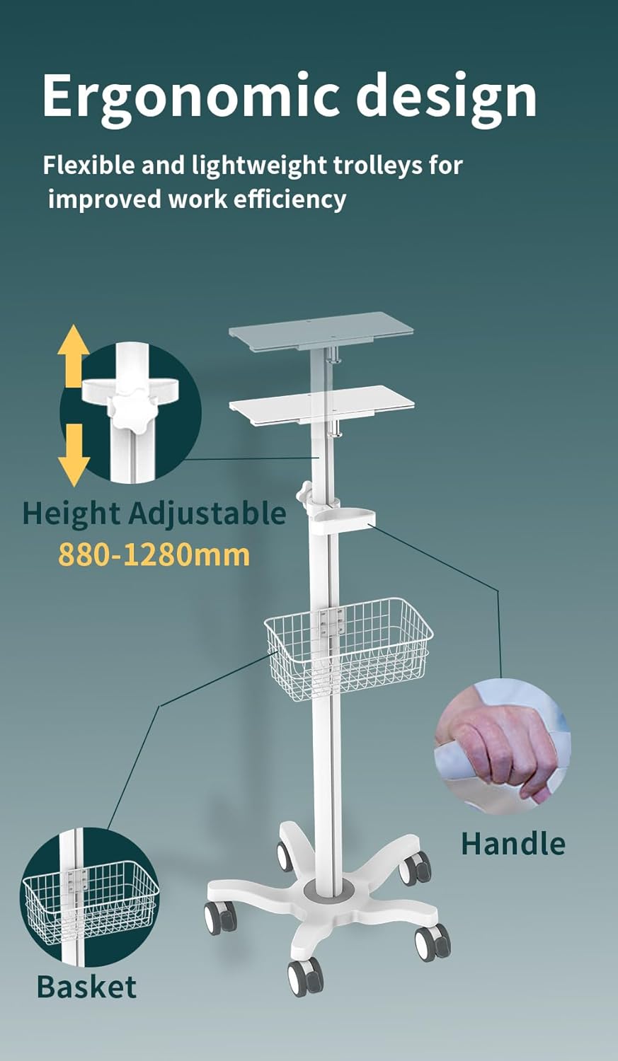 Mount Plus X3 Height Adjustable Aluminium Rolling Stand for Patient Monitor Medical Trolley Cart with Basket and and Locking Casters for Dental Office, Hospital, Clinic