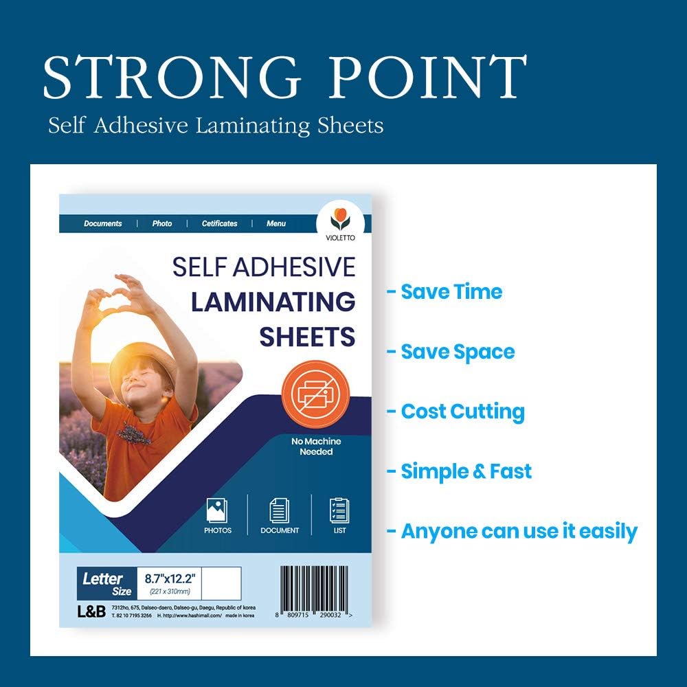 Self Stick Laminating Sheets 8.5 x 11 Inches, 4mil, Pack of 100, No Heat, No Machine, Peel and Stick Laminating Sheets, Self Adhesive Contact Paper, Self Sealing Clear Vinyl Stickers by VIOLLETO