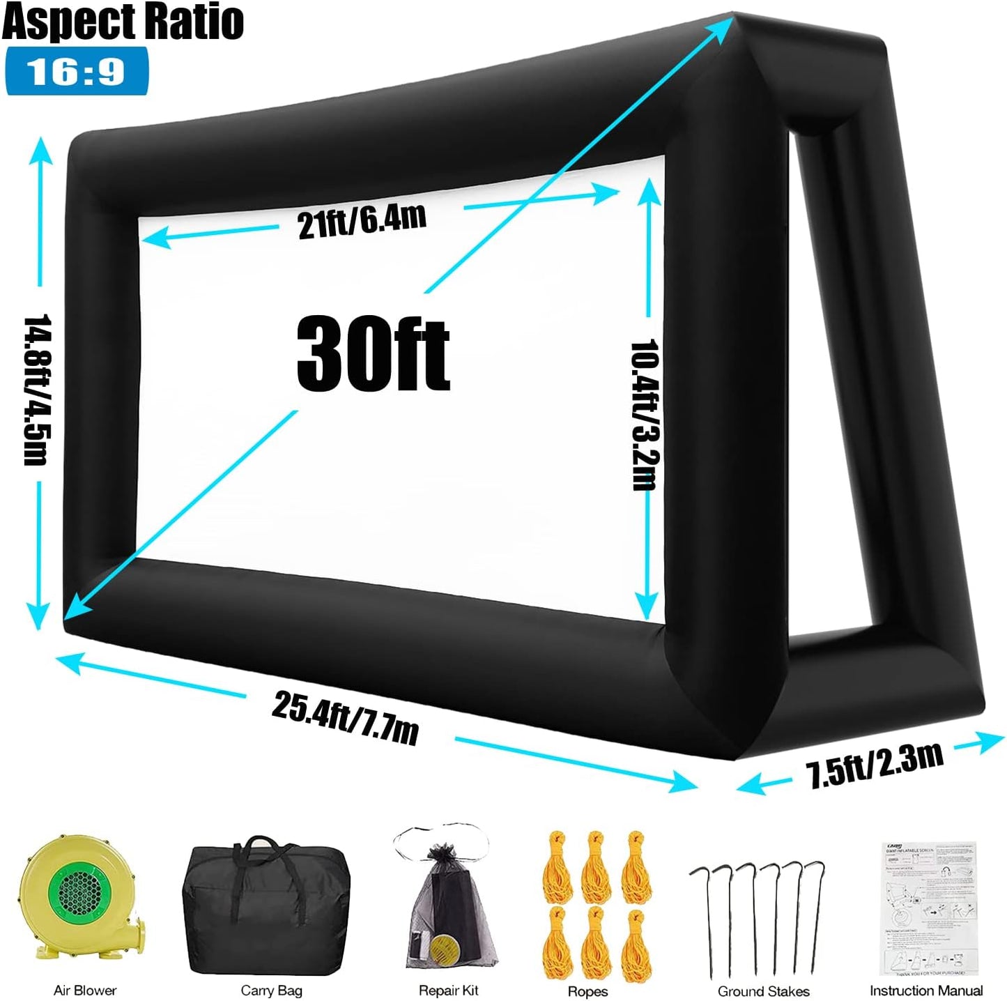 30FT Inflatable Projector Movie Screen for Outdoor, One-Piece Design Front/Rear Projection Mega Theater Outdoor Portable Blow Up Projector Screen with Air Blower for Family Movie Nights