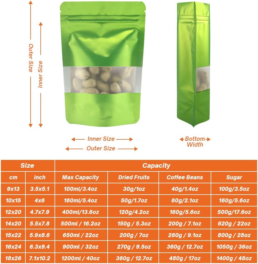 4CP 100 Pcs Green Zipper Smell Proof Bags with Window, 5.5x7.9 Inch Stand Up Foil Pouches for Food Selfsealing Storage, Reusable Bag for Packaging Small Business, Cookies, Nunt, Candy