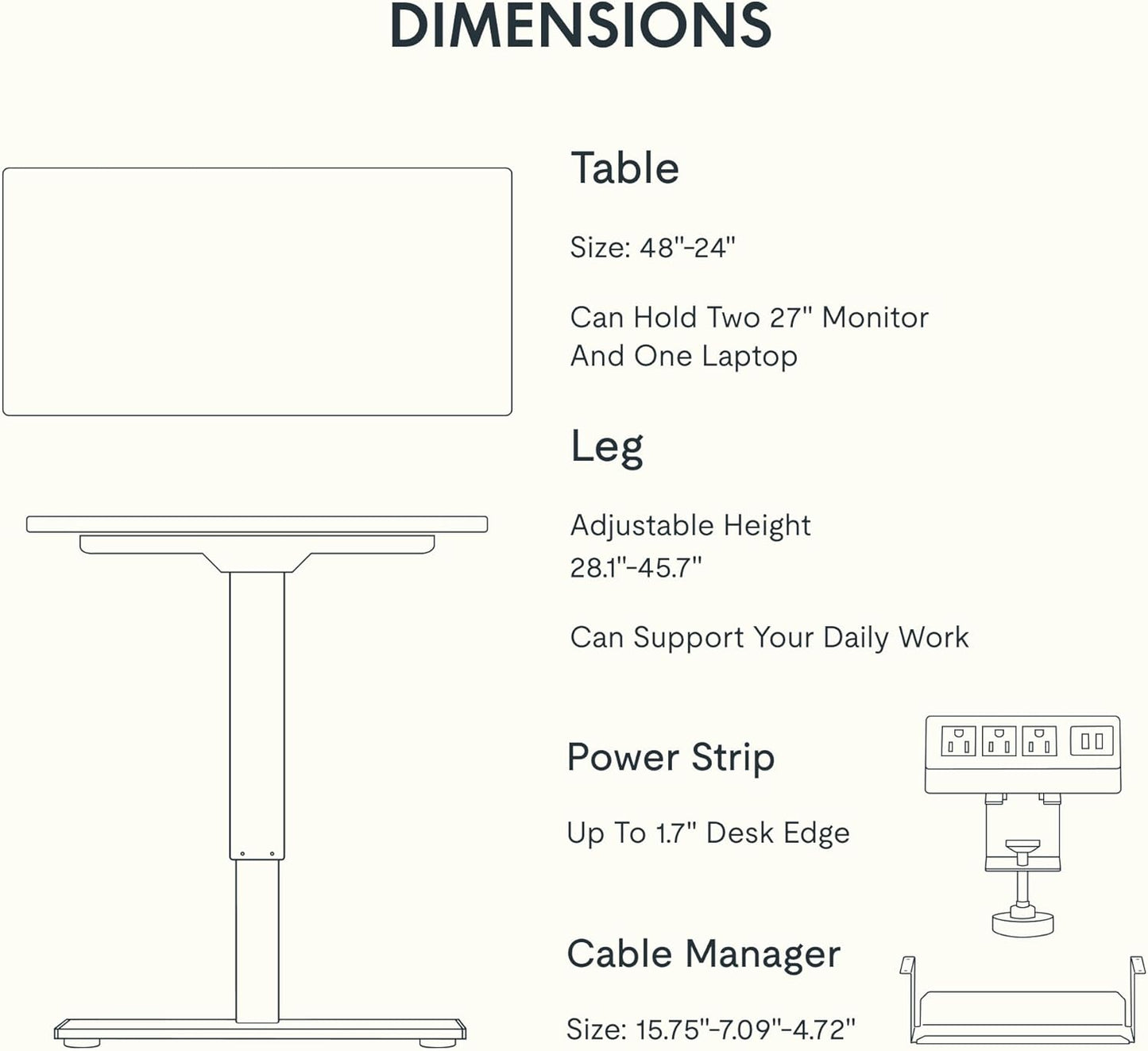 FLEXISPOT EN2 Whole-Piece Standing Desk with Clamp Power Strip, 48x24'' Electric Stand Up Height Adjustable Desk with Cable Management (Black Frame + 48" Black Table Top)