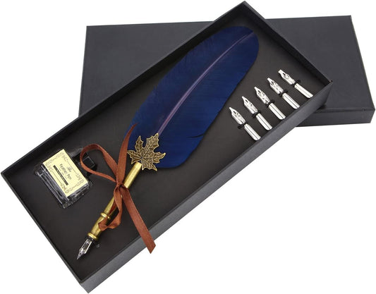 OPENDGO Feather Quill Pen Set with Ink Antique Feather Copper Pen Stem Calligraphy Set Quill Pen Writing Quill Ink Dip Pen with 5pcs Nibs in Different Size