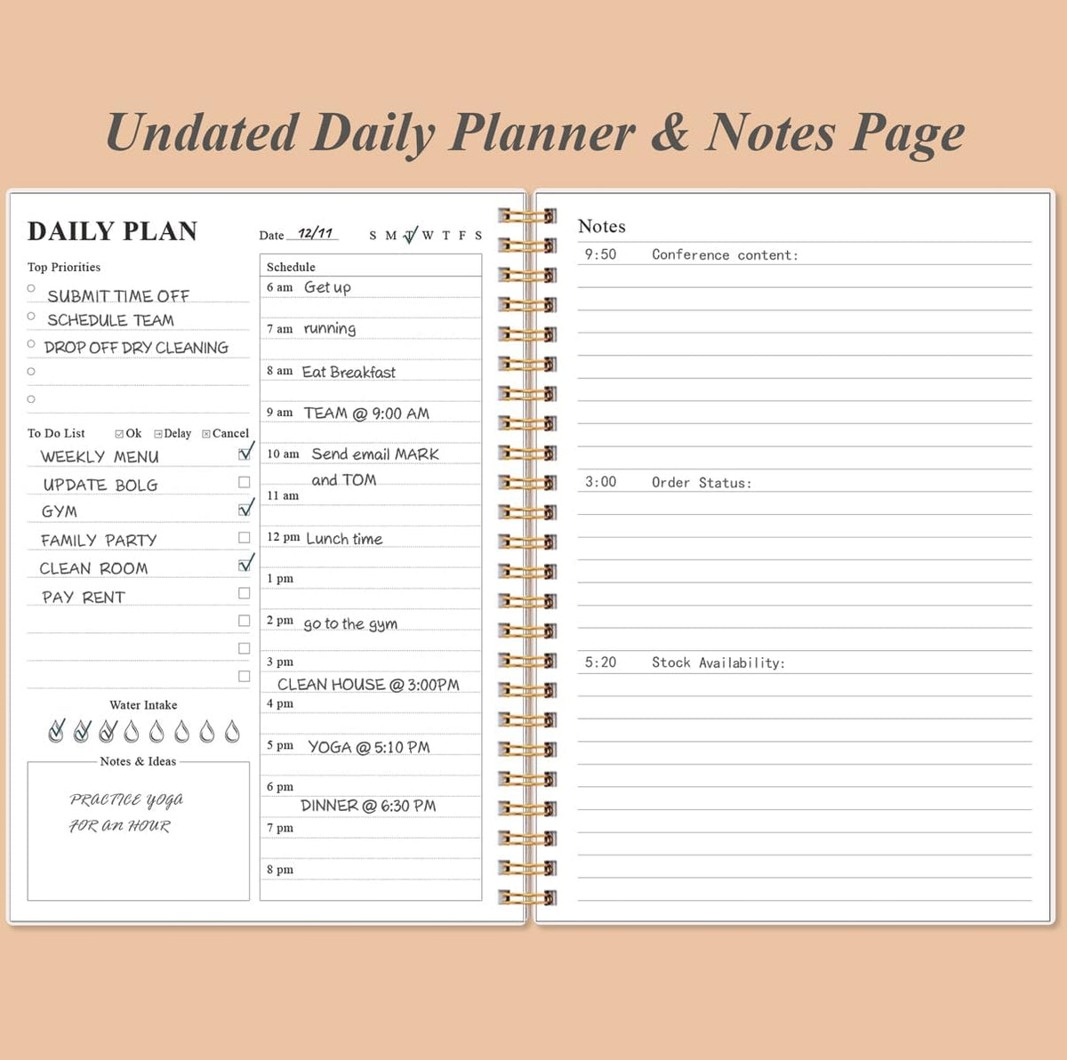 Daily Planner Undated - A5 To Do List Notebook Hourly Schedules, Spiral Appointment Planner for Women and Men, PVC Hardcover, Inner Pocket, Elastic Closure, 5.8" x 8.3", Rose Leaf