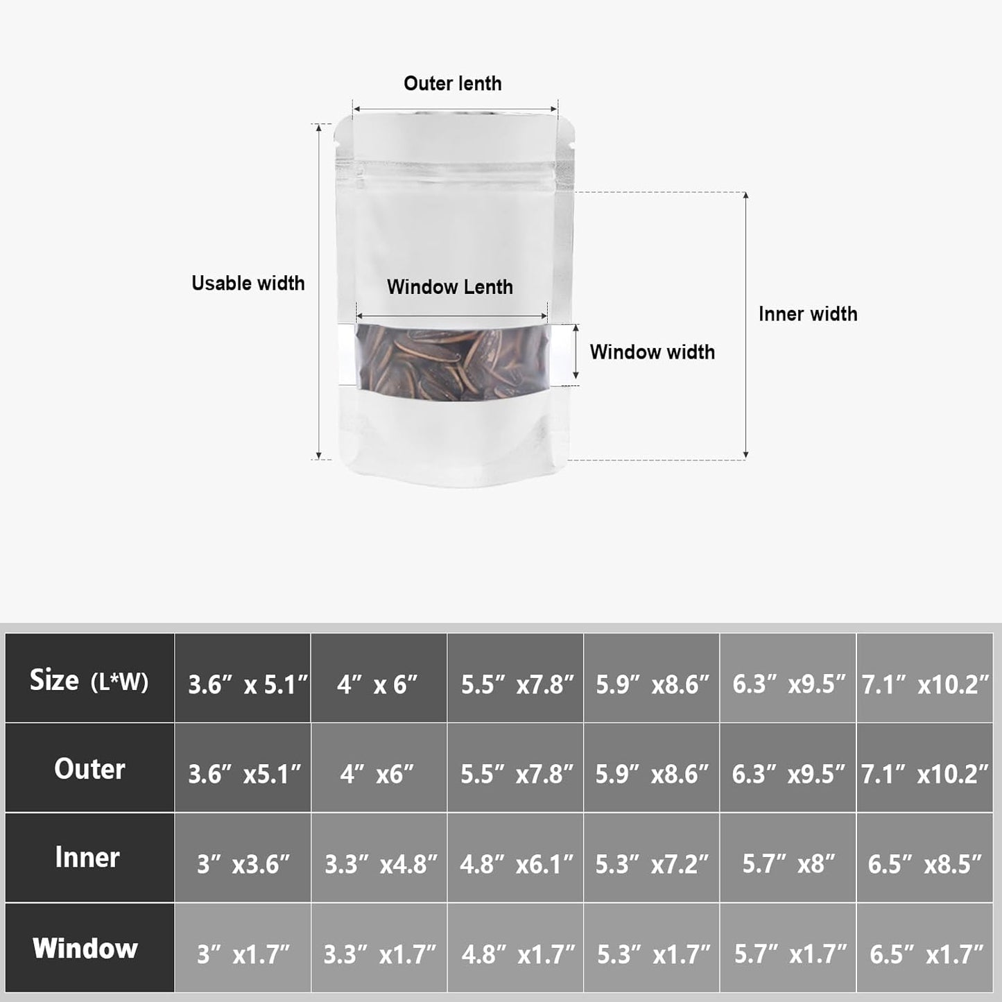 5.9"x8.6" 120pcs Mylar Bags for Food Storage,Smell Proof Bag with Matte Window Resealable Food Storage Bags for Small Business, Stand-up Foil Pouch Packaging Freeze Dried Candy Bag（White）
