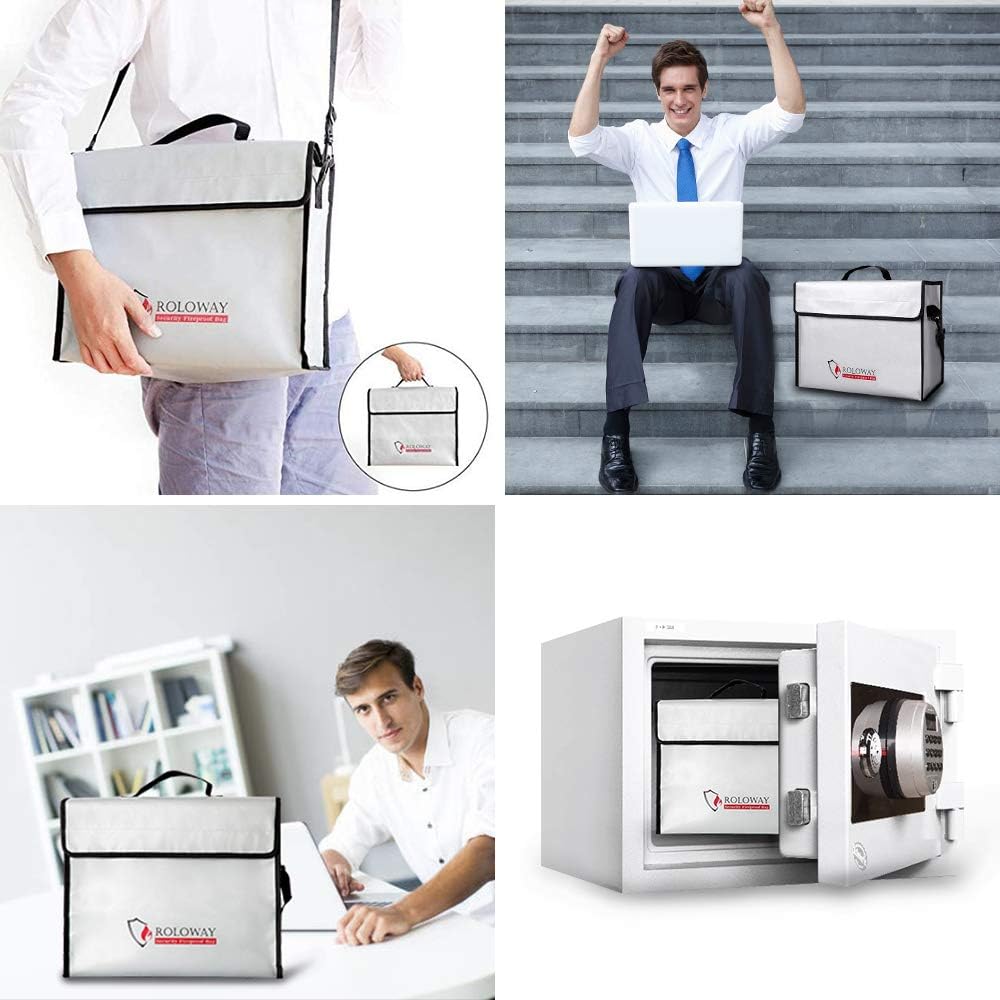 ROLOWAY Fireproof Document & Money Bags, Large Fireproof & Water Resistant Bag (15 x 12 x 5 inches), Fireproof Folder Safe Bag for Cash, Valuables & Passport, with Silicone Coating & Zipper Closure