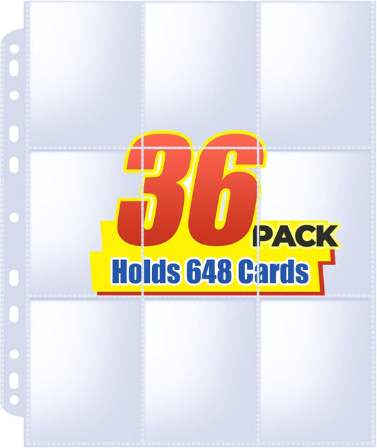 36pack Trading Card Sleeve, Holds 648 Cards, 9 Pocket Card Sleeves Binder Sheets for 3 Ring Binder, 11 Holes Trading Card Binder Sleeves Fit for MTG, Baseball, Game, Business Cards, Coupon