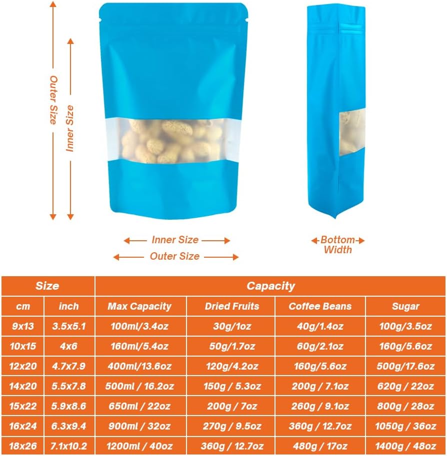 4CP 100 Pcs Blue Zipper Smell Proof Bags with Window, 6.3x9.5 Inch Stand Up Foil Pouches for Food Selfsealing Storage, Reusable Bag for Packaging Small Business, Cookies, Nunt, Candy