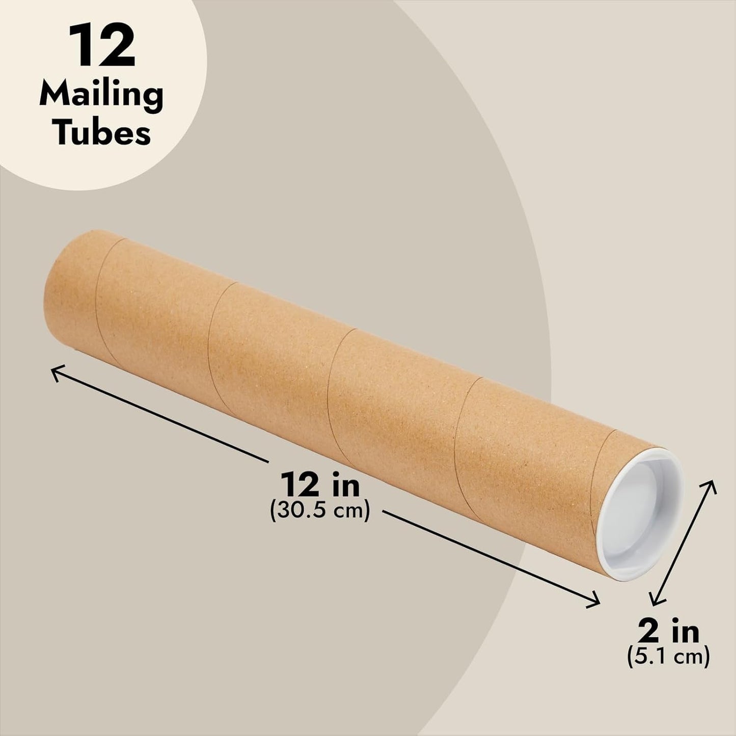 Stockroom Plus Poster Tube - 2 in x 12 in, 12-Pack, Brown Kraft - Tube Mailers with Caps & Spiral Construction for Impact Protection & Poster Storage