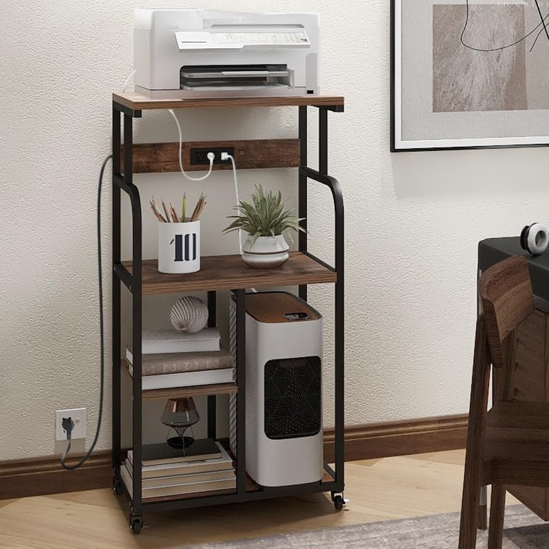 VEDECASA Large Printer Stand Cart with Charging Station USB Port 21.2"x15.7"x42.3" Tall 3-Tier Adjustable Shelf Storage Home Office Rolling Stand with Wheels