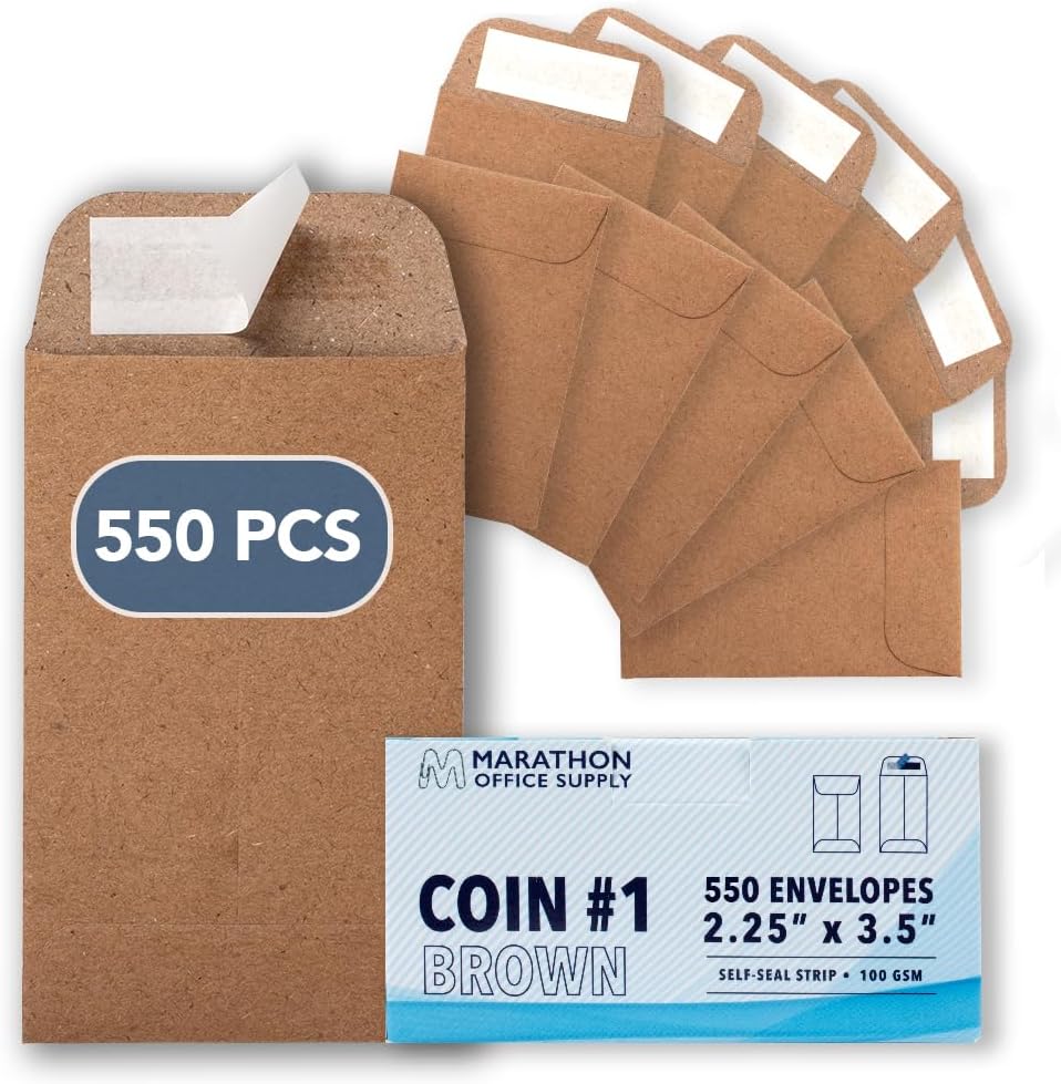 MOS #1 Brown Coin Envelopes 2.25 x 3.5 Inch 550 Pack — Self-Seal Small Kraft Envelopes for Coins, Seeds, Small Parts, Collectibles, Jewelry, Craft Storage