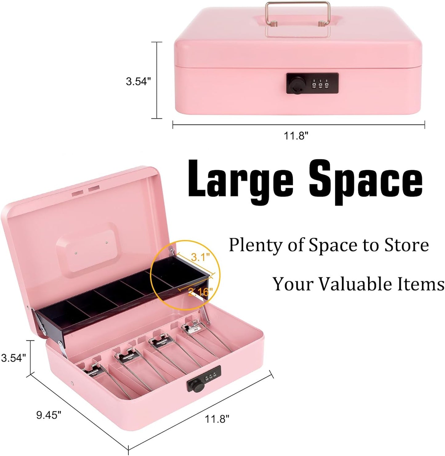 Cash Box with Money Tray and Combination Lock, Large Money Box for Cash Regiser, Safe Lock Box for Money Saving Metal 11.8"x9.45"x3.54" Pink XL Large