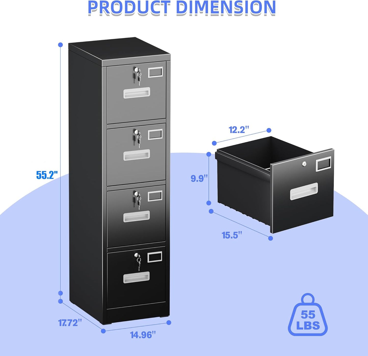 4 Drawer File Cabinet, Metal Vertical Black Filing Cabinets with Locks Name Card Holder for Home Office, Assembly Required