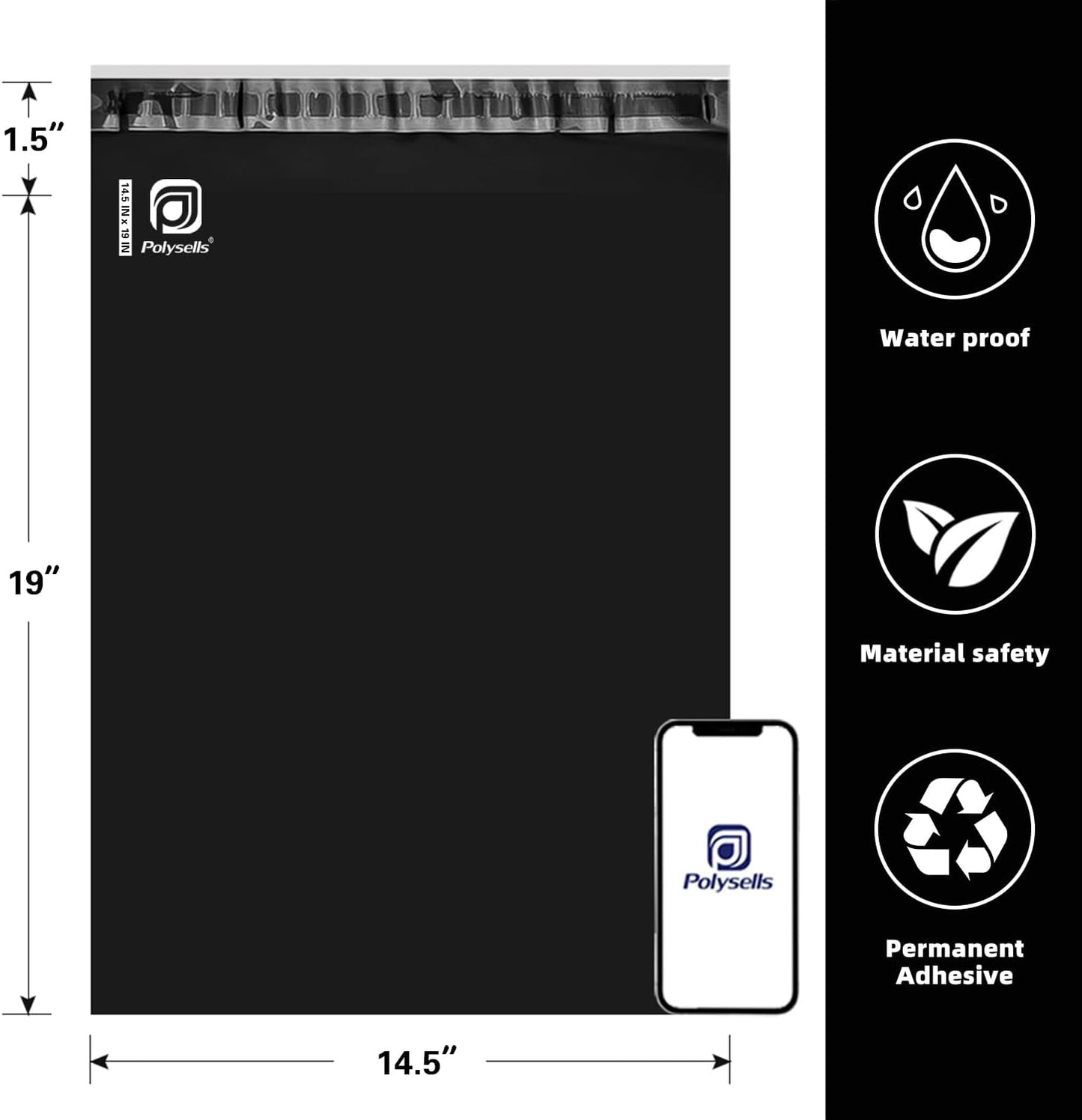 POLYSELLS 100 pcs 14.5x19 Inches Black Poly Mailers Shipping Envelopes, Strong Adhesive Sealing, Waterproof, and Tear-resistant Postal Mailing Bags for Clothing, Books, and Accessories