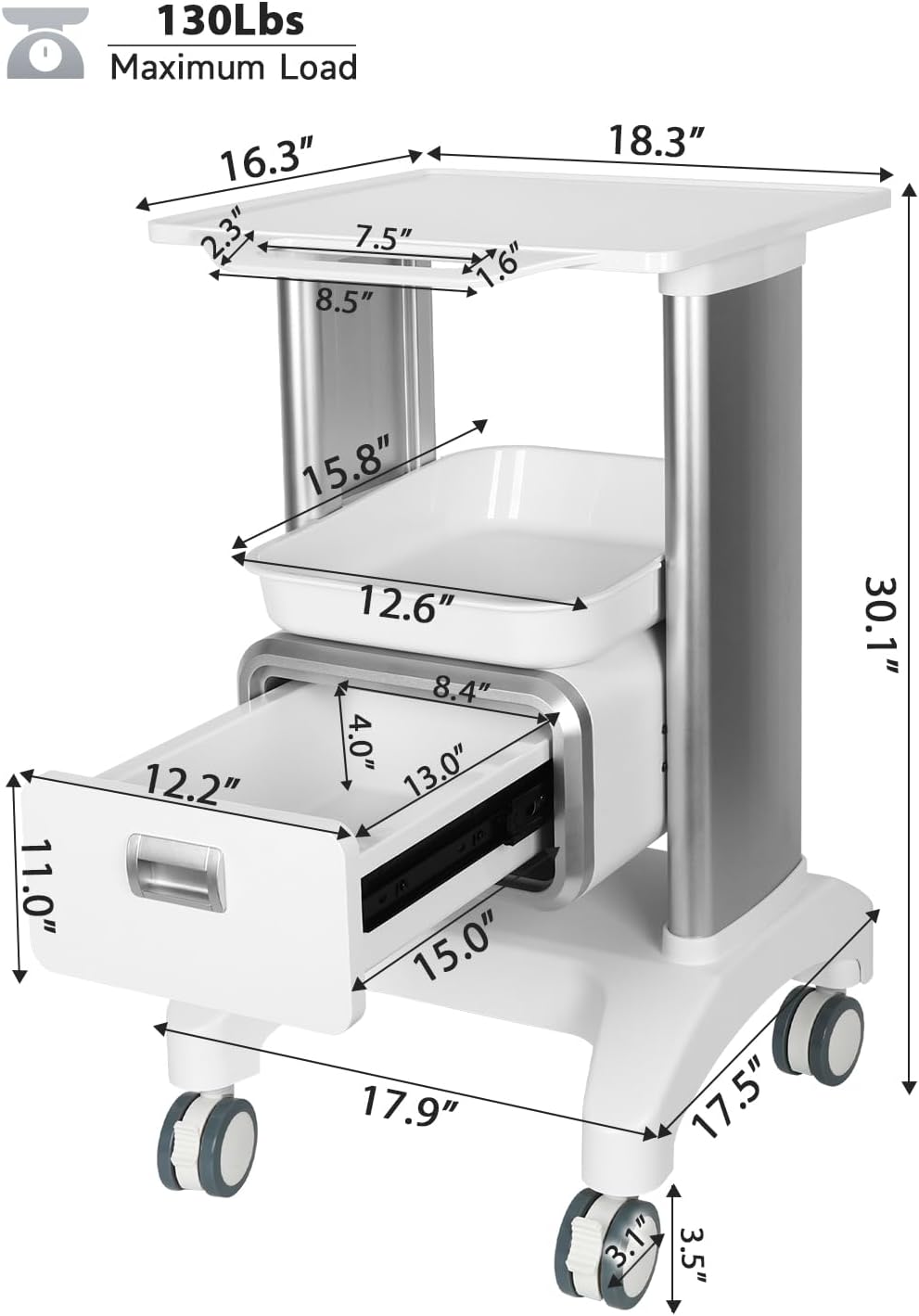 Medical Trolley Cart Mobile Ultrasound Cart 130 LBS Load Professional Portable Storage Drawer with 4 Silent Wheels Tray for Hospital Dental Clinic Beauty Salon Office Bedroom
