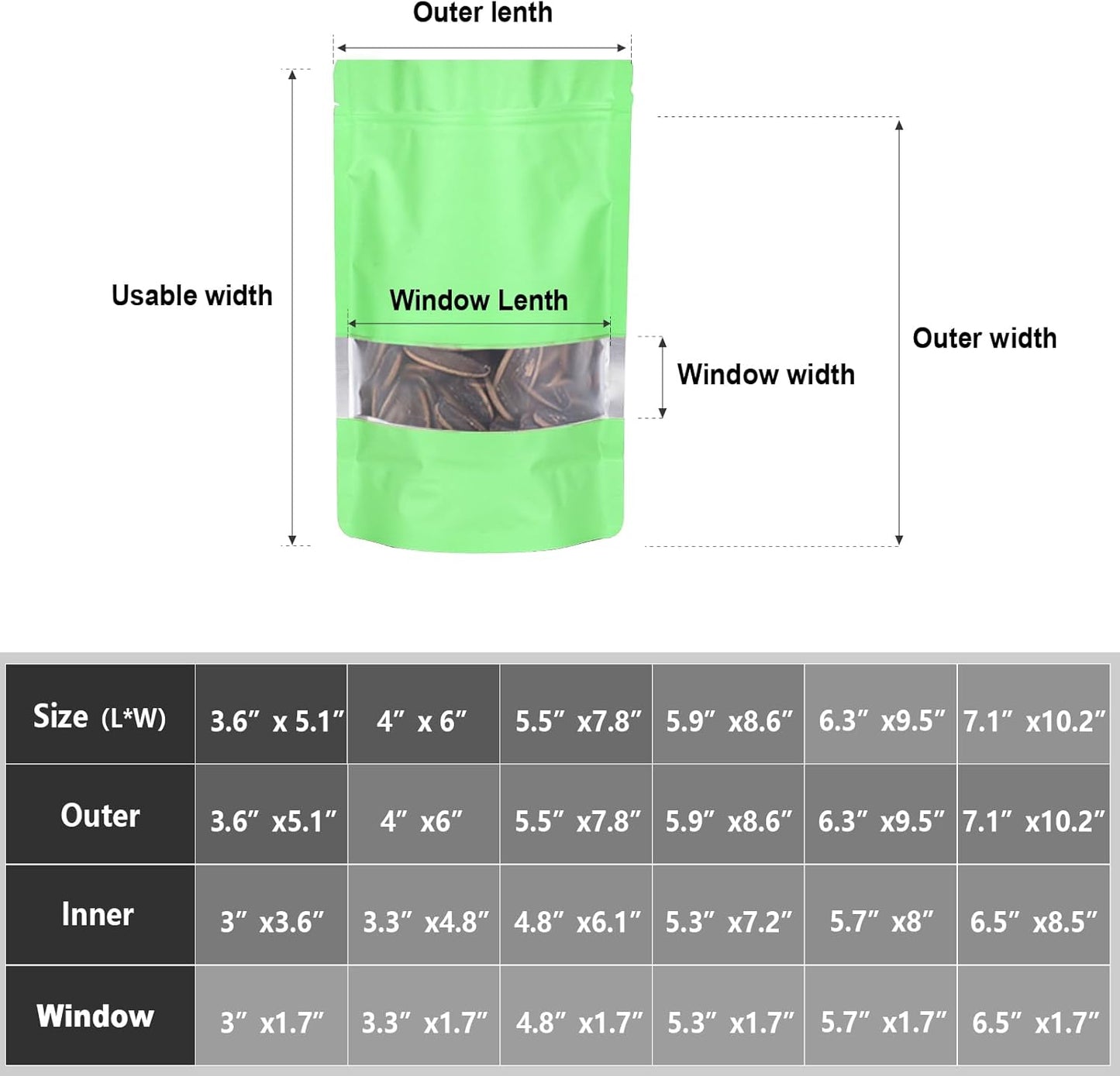 4"x6" 120pcs Mylar Bags for Food Storage,Smell Proof Bag with Matte Window Resealable Food Storage Bags for Small Business, Stand-up Foil Pouch Packaging Freeze Dried Candy Bag(Light Green)