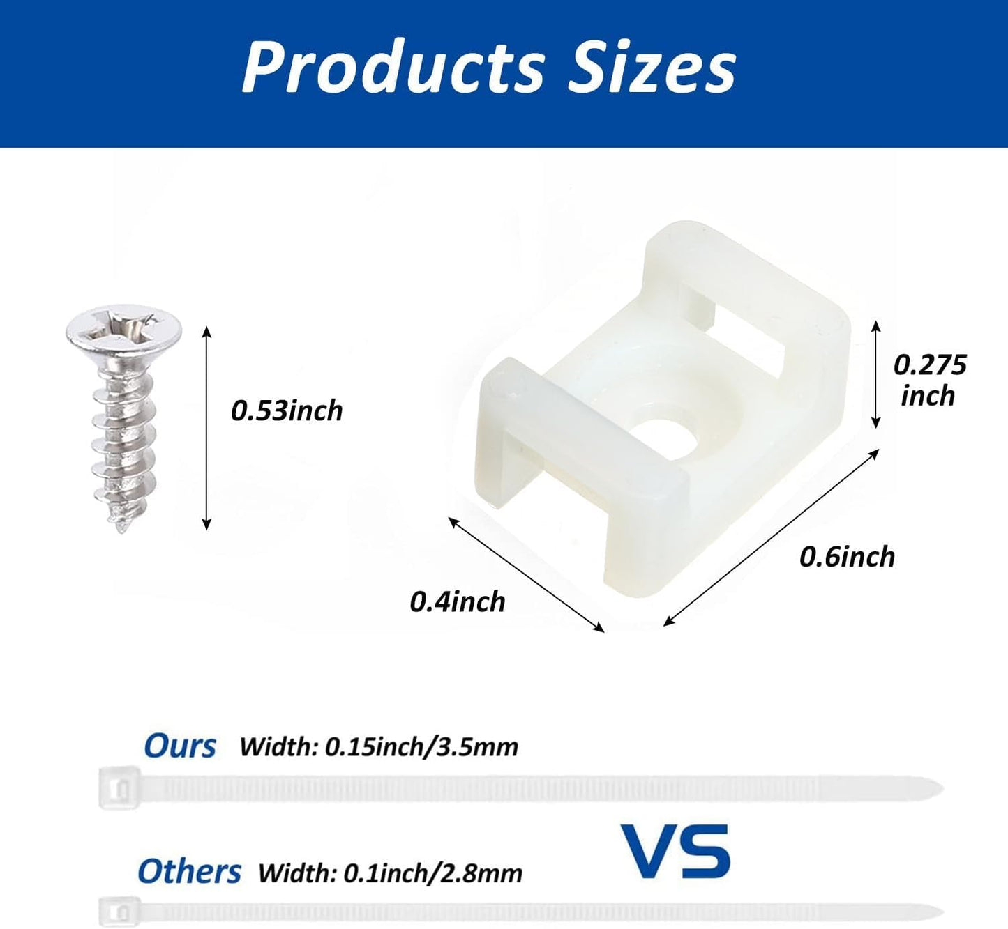 Cable Zip Tie Mounts Kit - 120 Set Wire Cable Clips Organizer Holders with 8" Cable Ties, Saddle Type Mounts Base and Tapping Screw, White