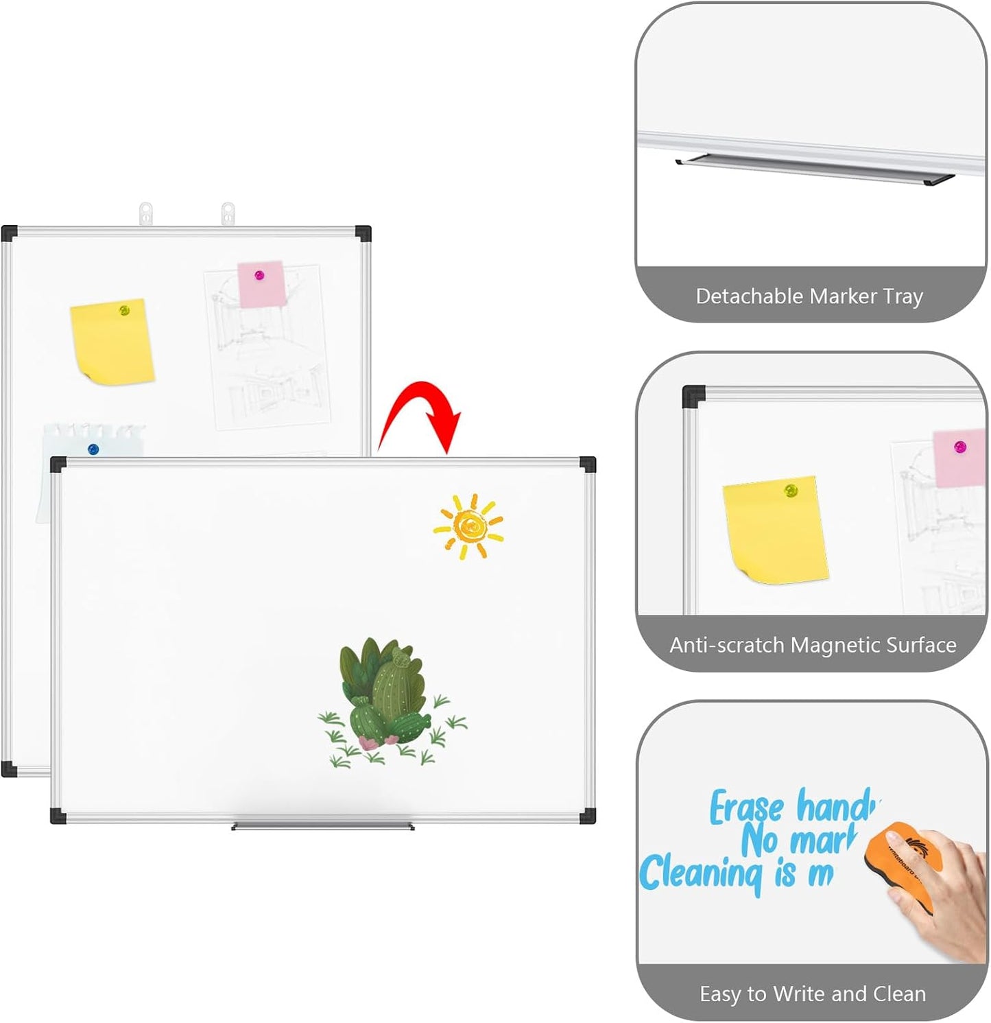 XBoard Magnetic Whiteboard 36 x 24 Inch, Hanging Dry Erase Board with Aluminium Frame & Marker Tray 3' x 2' | Wall Mounted Magnetic White Board for Home School Office