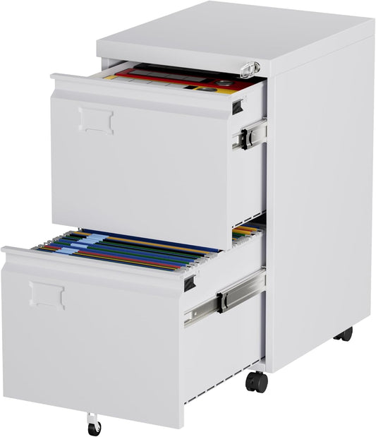 Aobabo 2 Drawer File Cabinet with Wheels, Lockable Metal Filing Cabinet with Business Card Slot for Legal/Letter Size Home Office, Required Assembled,White