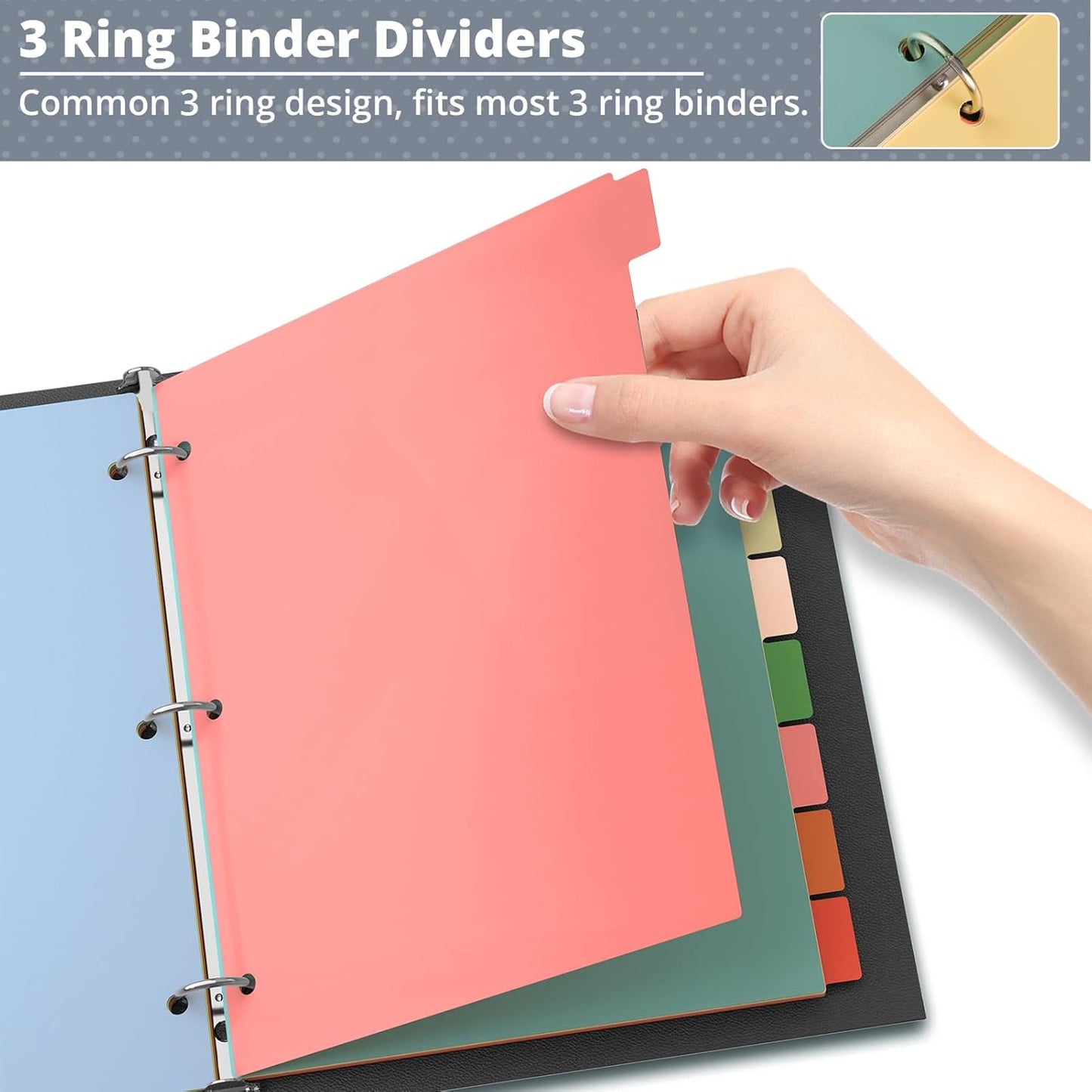 3 Ring Binder Dividers with Tabs, 24Pcs/3 Set Durable Plastic File Dividers, 8 Tab 3 Hole Punch Dividers, Letter Size, 3 Sets for School Office Document (Morandi Color)