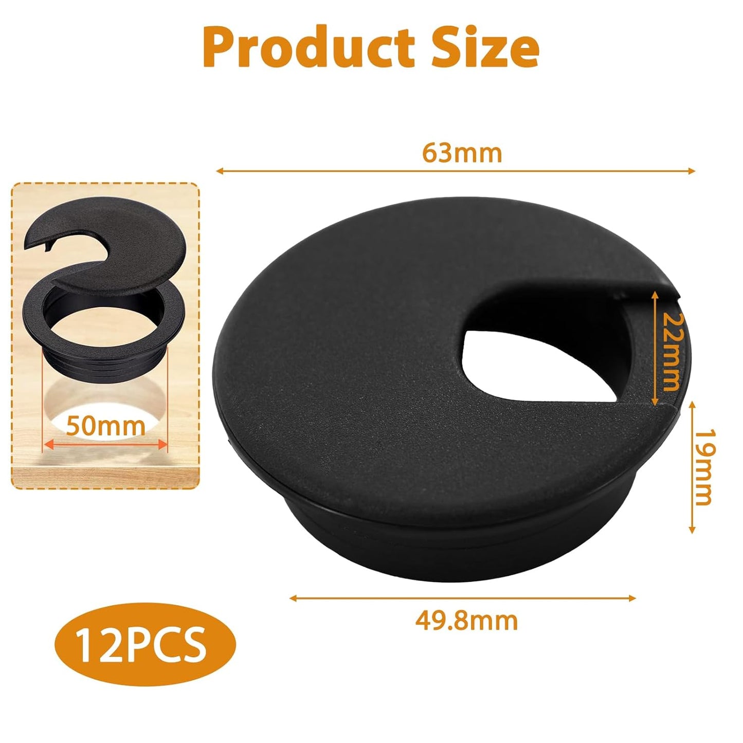 12 PCS Desk Wire Hole Insert, Desk Grommet, Cord Hole Cover 1.97in Black Wire Organizer Caps Detachable Cable Cord Organizer Suitable for Office Desks, Tv Cabinets, Desktops